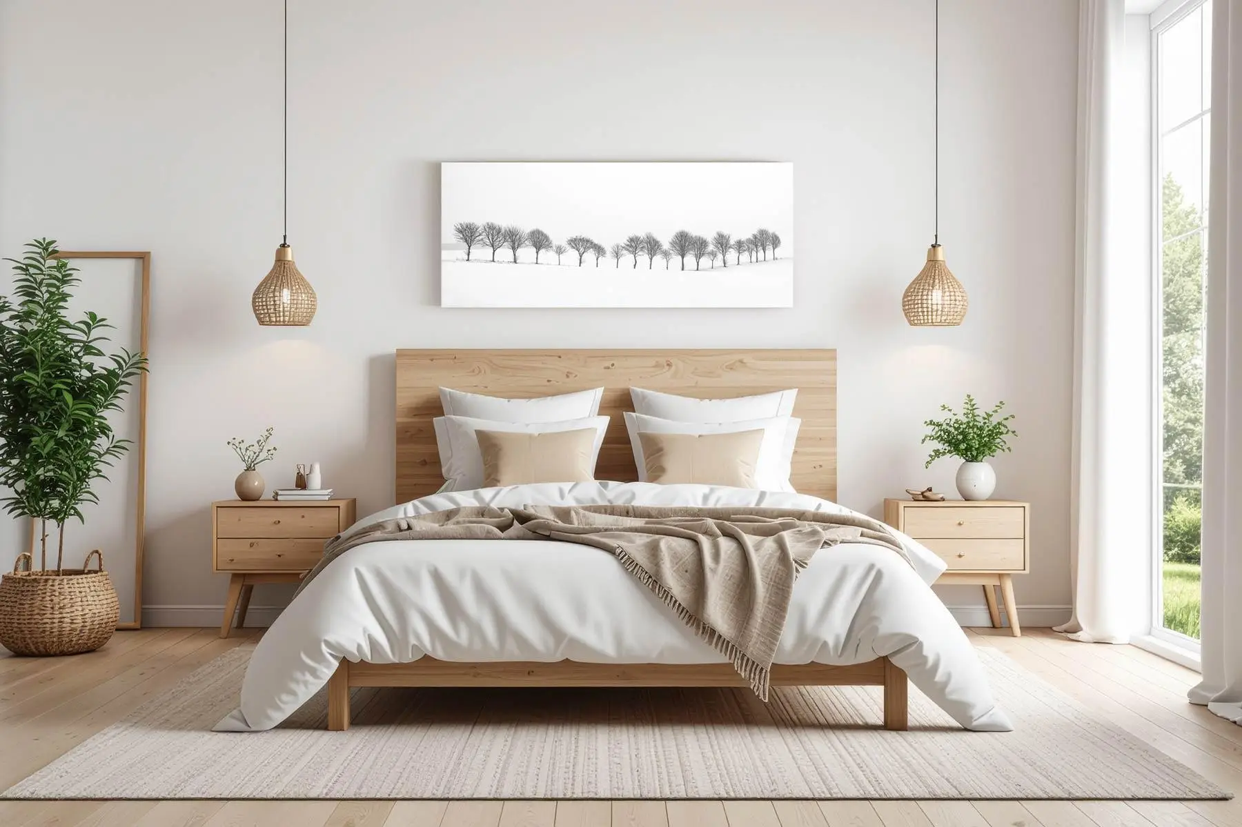 Minimalist bedroom with wooden bedframe, white bedding, and natural light from large window