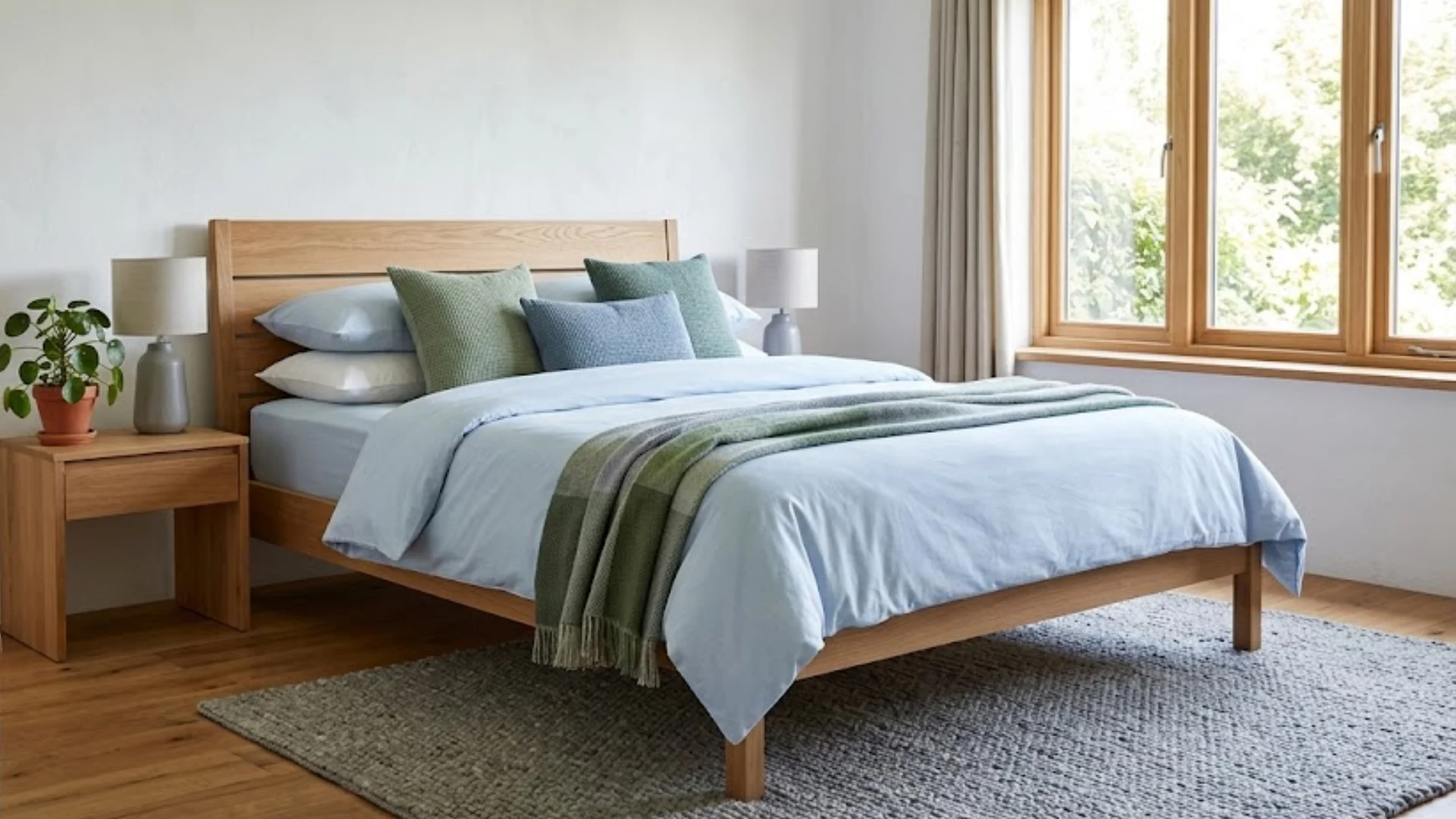 A cozy bedroom with a wooden bed frame, light blue bedding, and pastel pillows. Sunlight streams through a large window, illuminating a small plant on a bedside table.