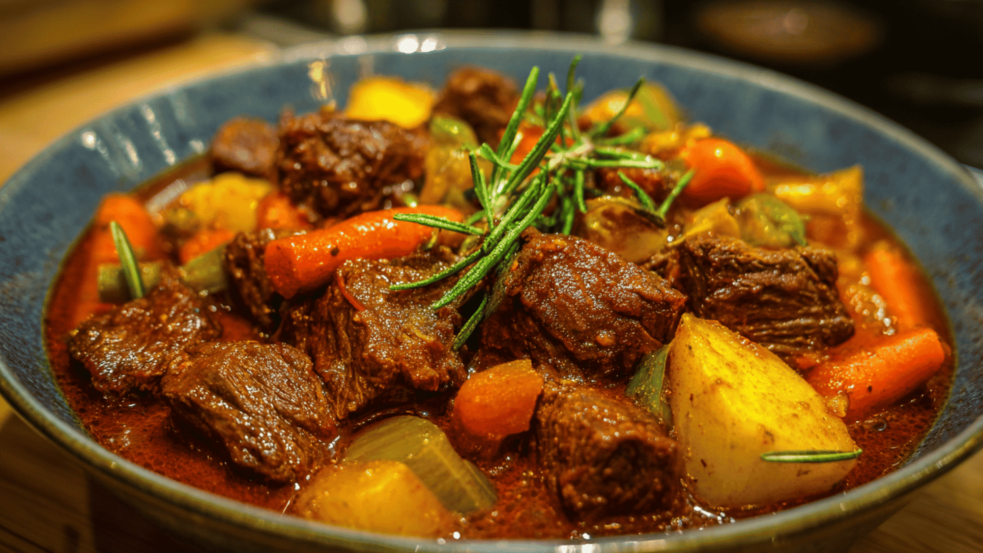 A rich, comforting slow cooker beef stew filled with tender beef cubes, chopped carrots, and potatoes in a savory broth.