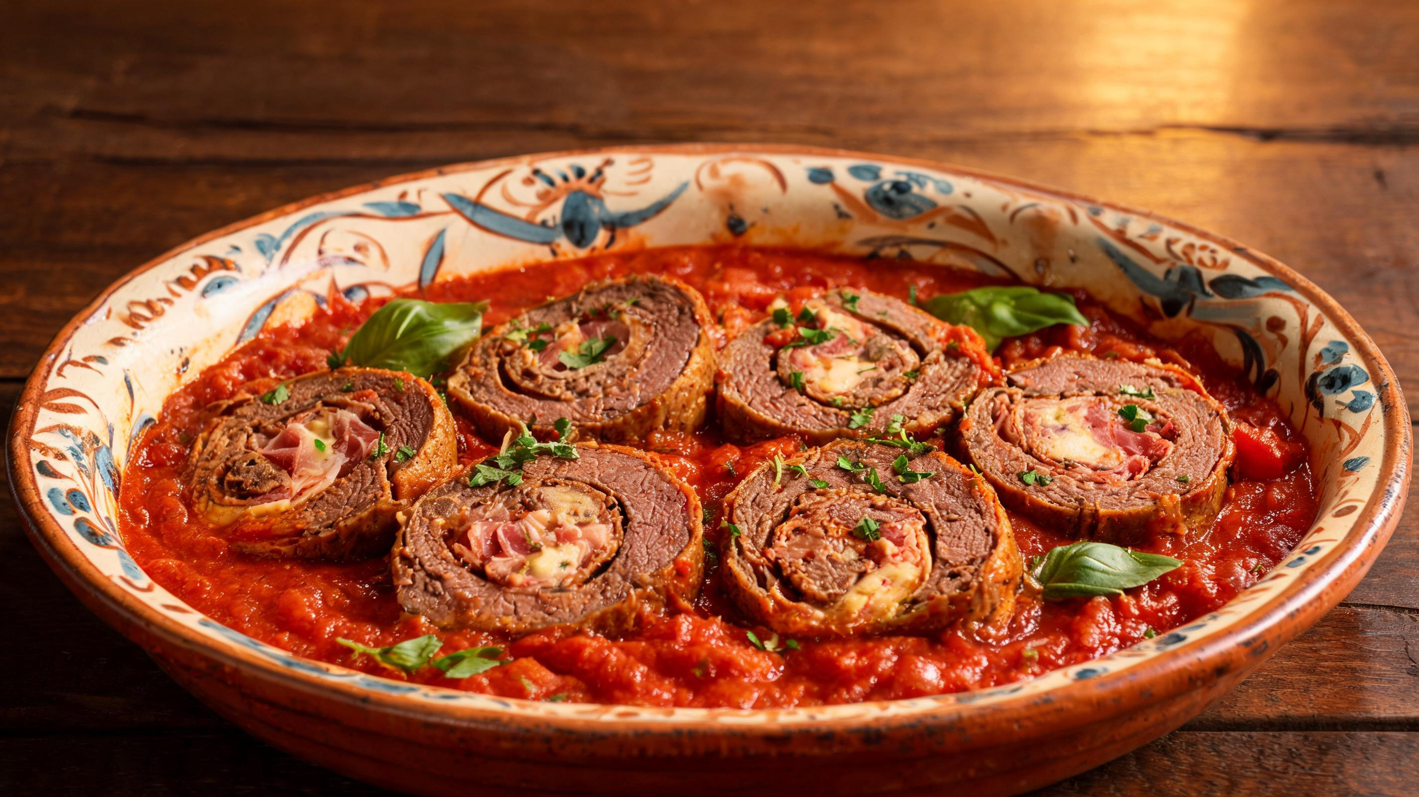 Roasted beef braciole rolls in tomato sauce, garnished with fresh parsley on a plate.