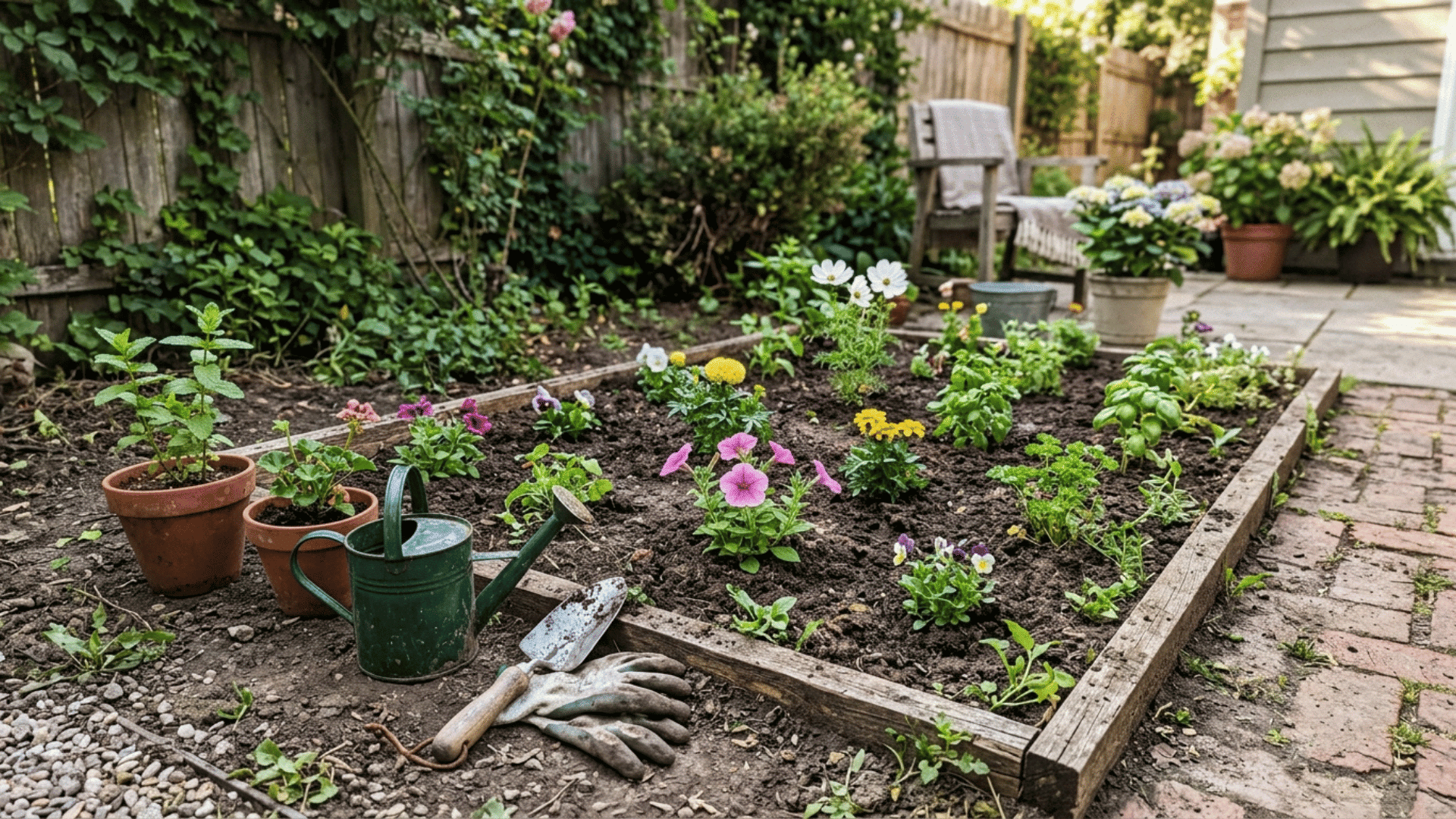 small beginner-friendly garden with growing flowers, simple plant pots, fresh soil, and basic gardening tools in a cozy outdoor space with natural sunlight.