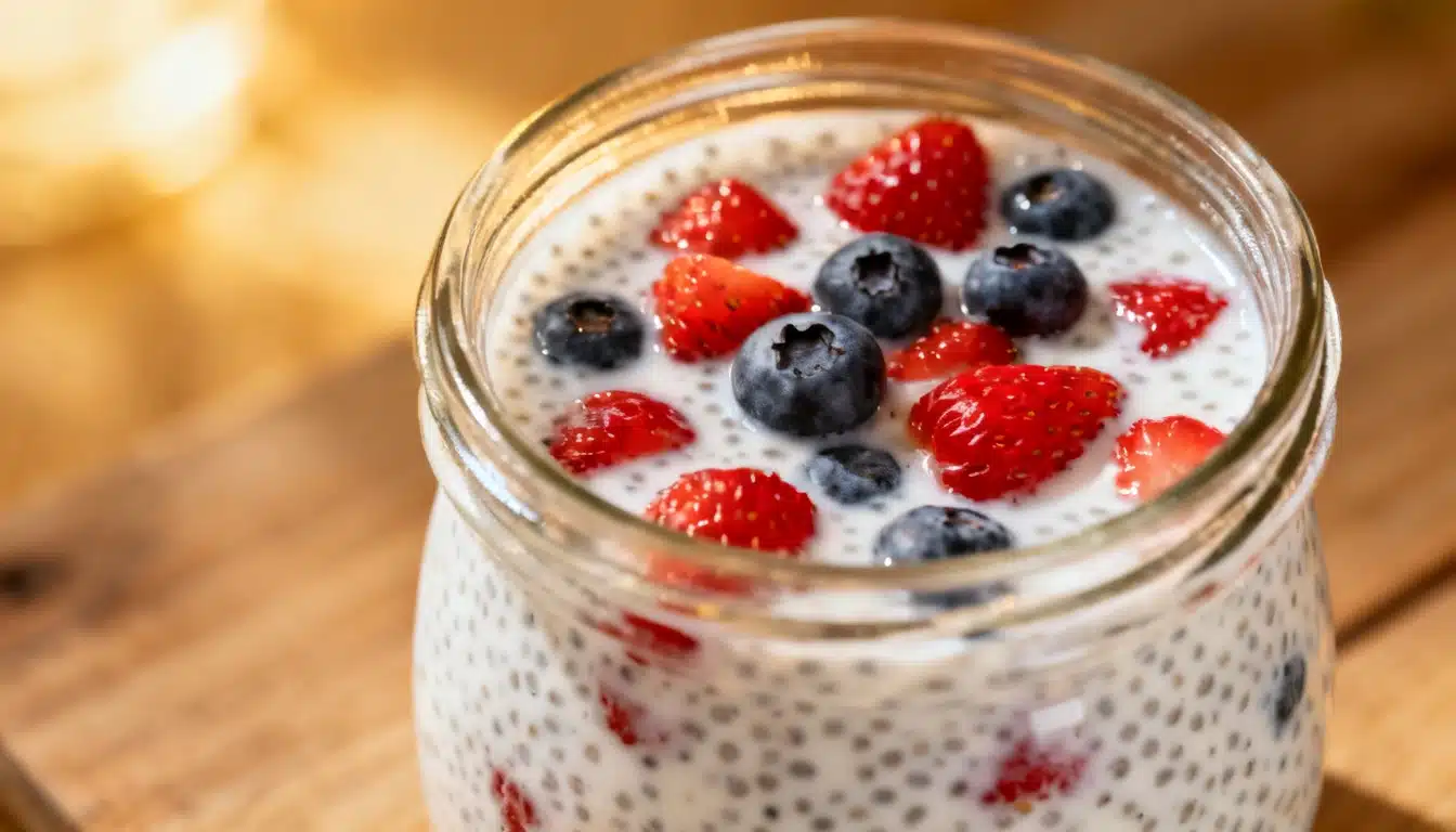 Close-up of chia seed pudding with strawberries and blueberries in a glass jar on a wooden surface.
