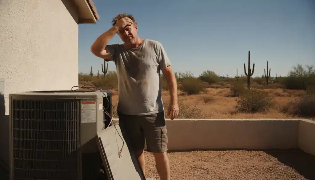 Man inspecting air conditioning unit in desert backyard with cacti in background