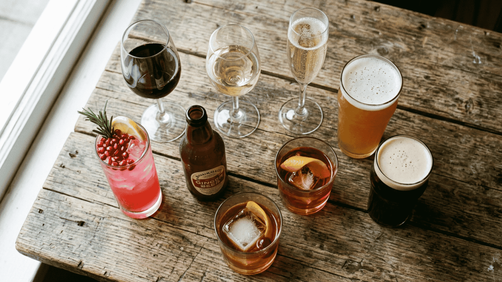 Overhead flat lay of assorted drinks on rustic wooden table