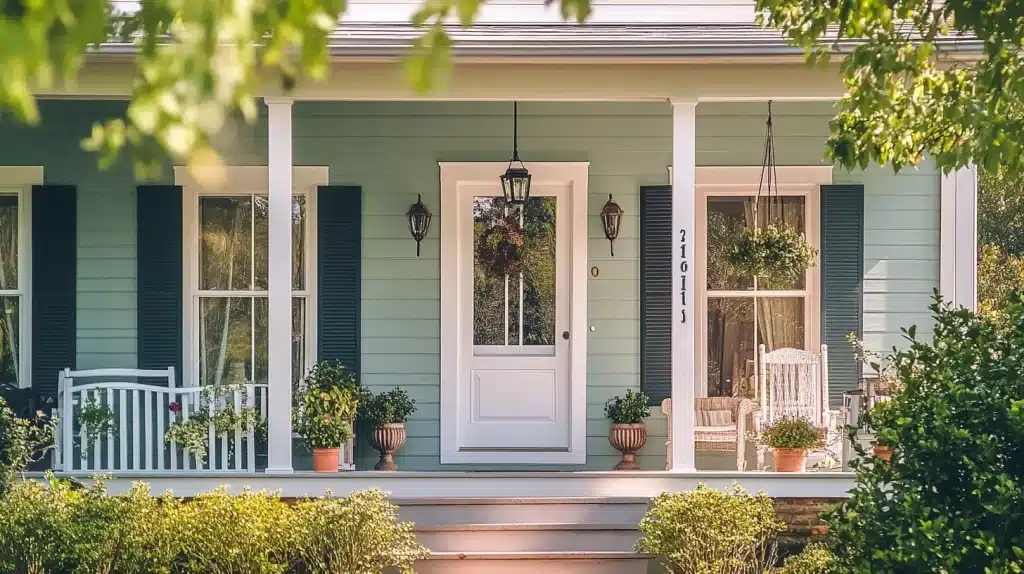 Charming front porch with white door, hanging lantern, and potted plants in a garden setting