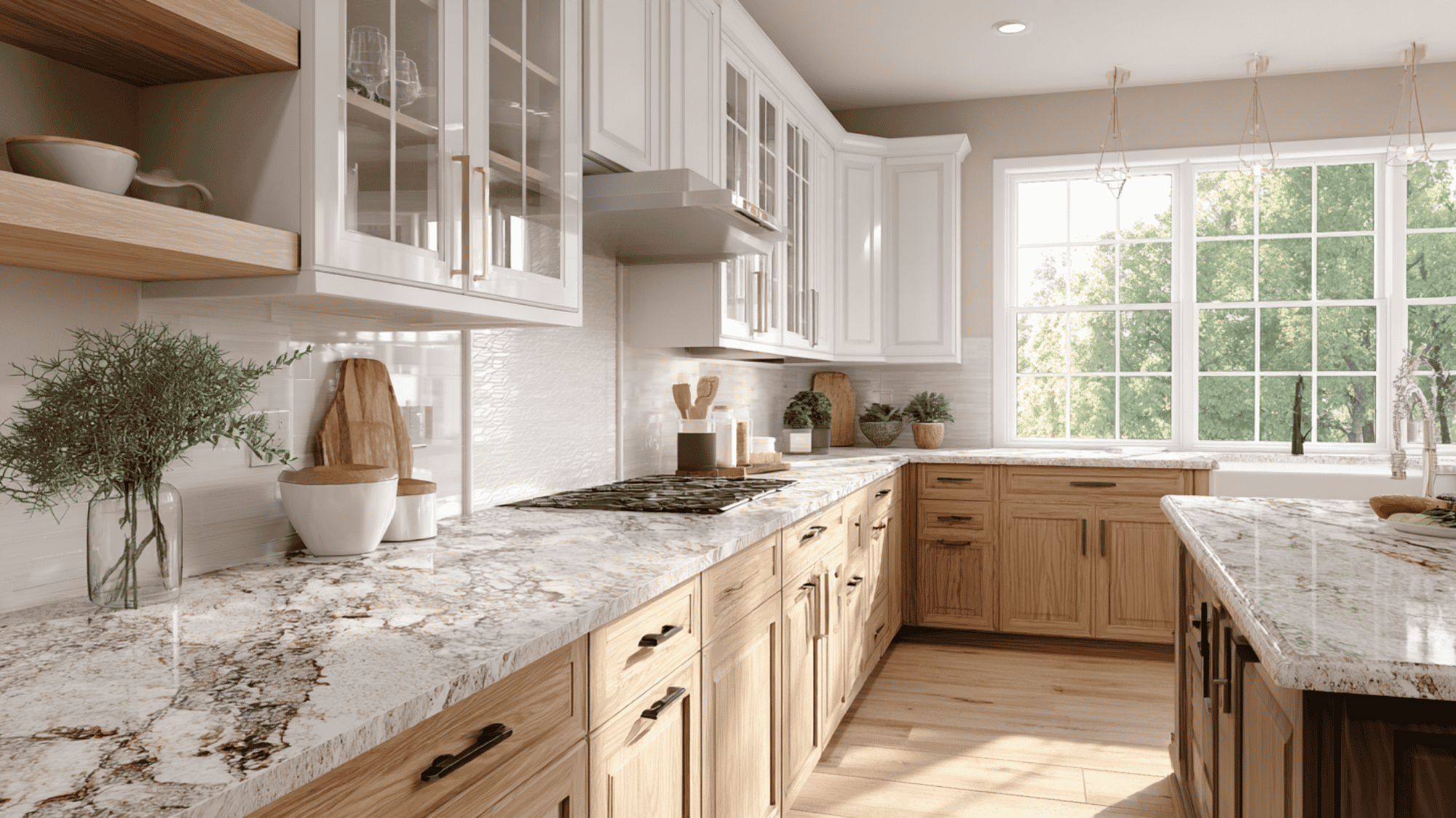 Bianco Romano granite countertop showing white stone with soft gray and beige mineral movement.
