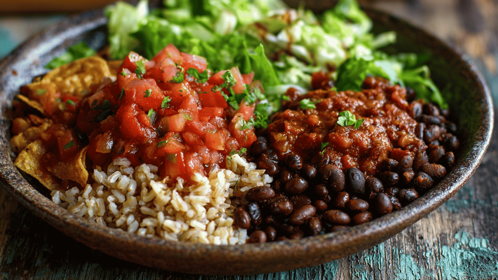 A hearty black bean and brown rice burrito bowl in a meal prep container, layered with corn, diced tomatoes, and salsa.