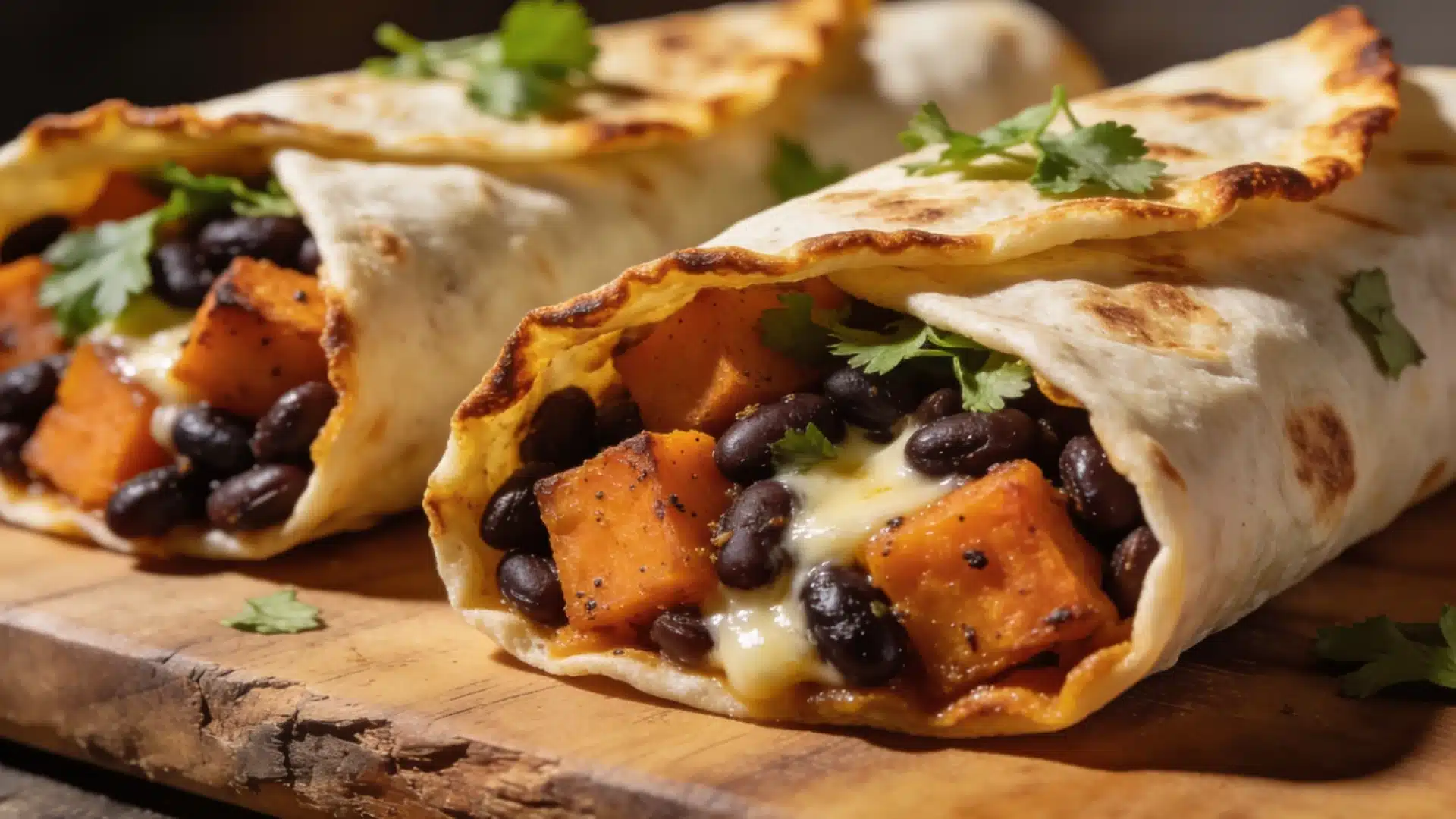 A hearty black bean and sweet potato burrito cut in half a filling vegetarian meal you will love.