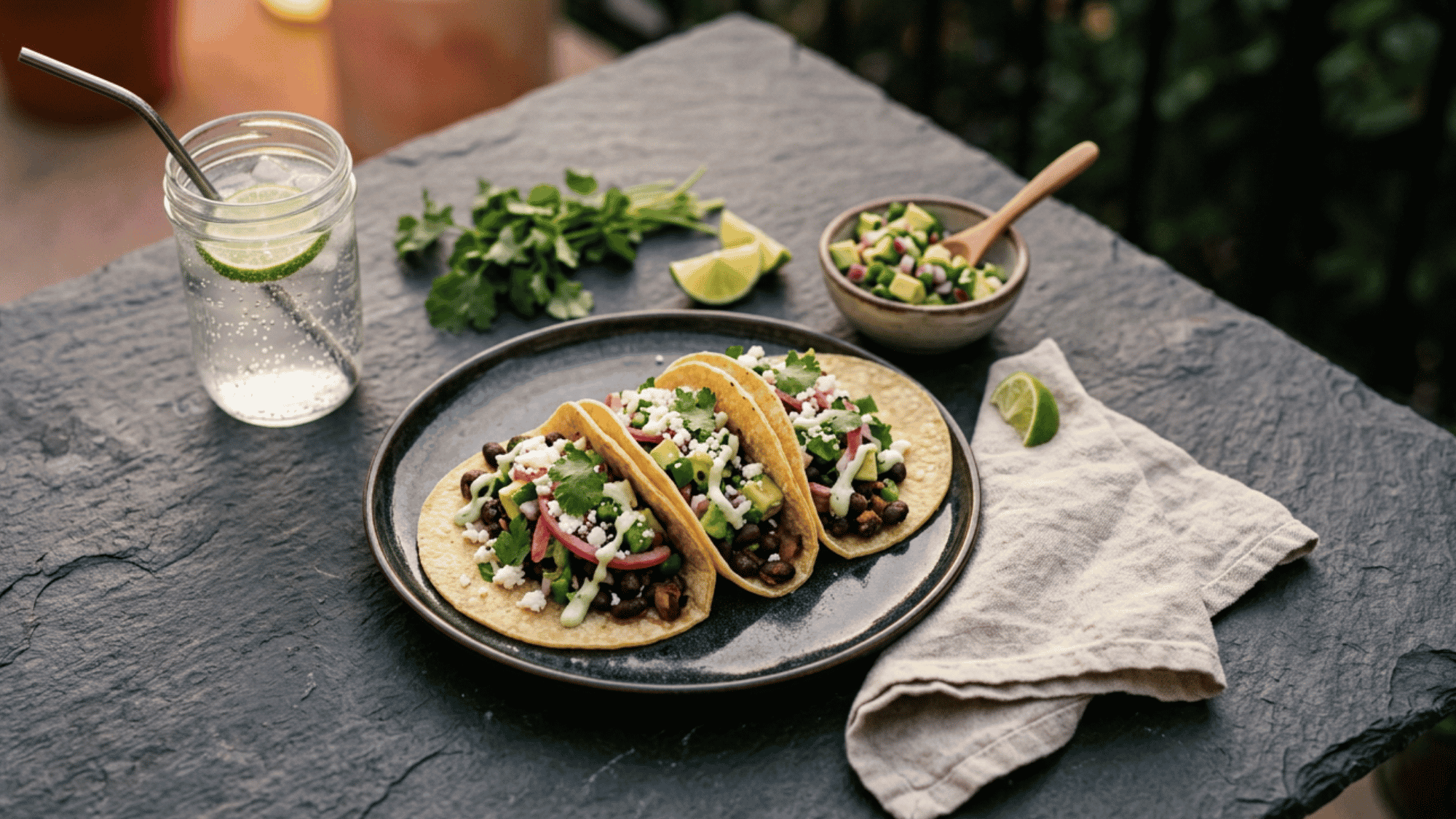 A plate of fresh black bean tacos topped with a vibrant avocado salsa containing diced avocados, cherry tomatoes, red onion, and fresh cilantro.