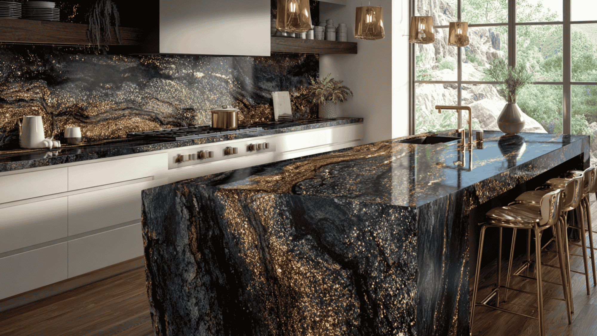 Ubatuba granite countertop showing dark green and black stone with shimmering gold flecks.