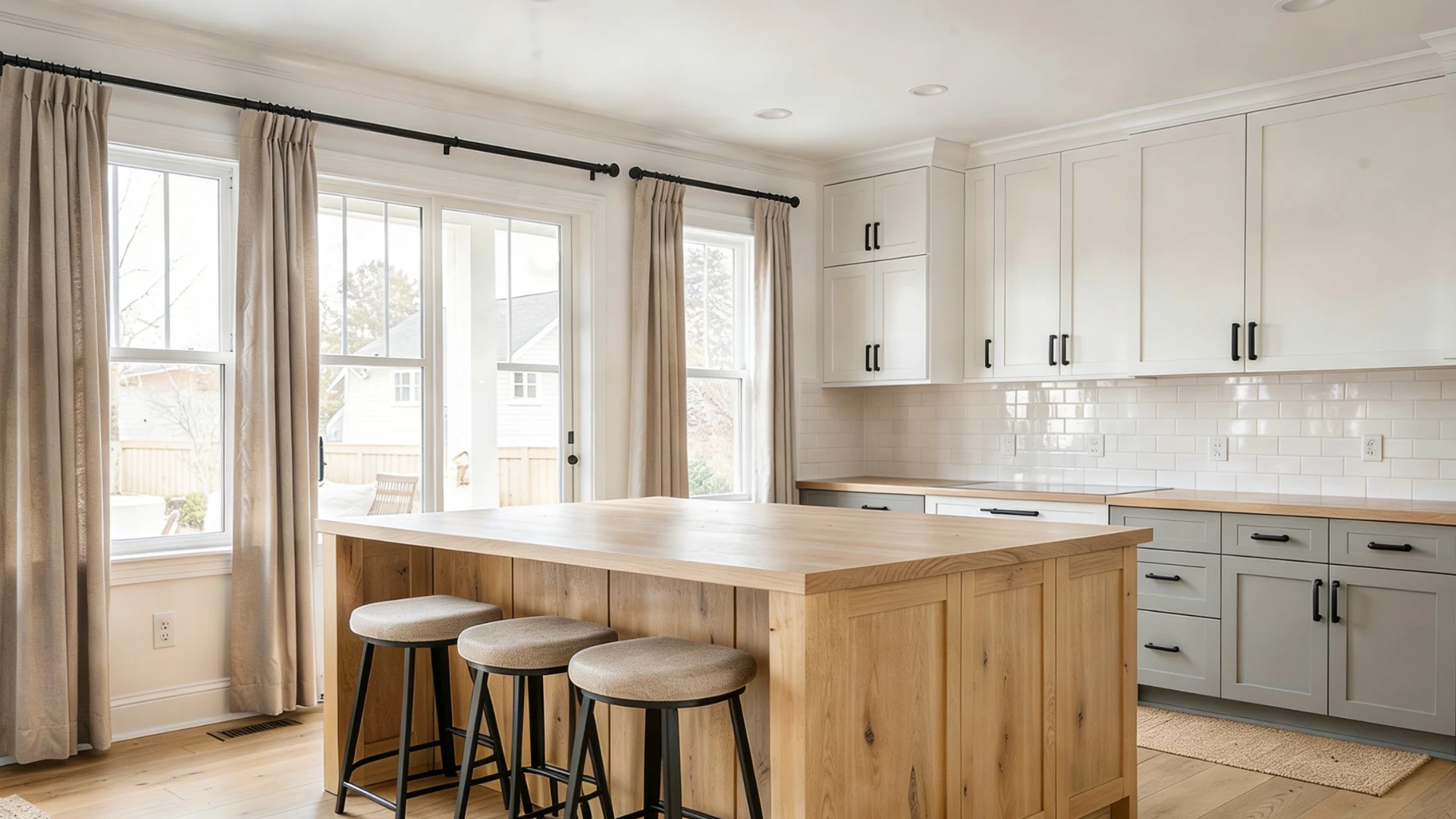 A modern farmhouse kitchen showcasing black metal accents, light grey lower cabinets, and white upper cabinets