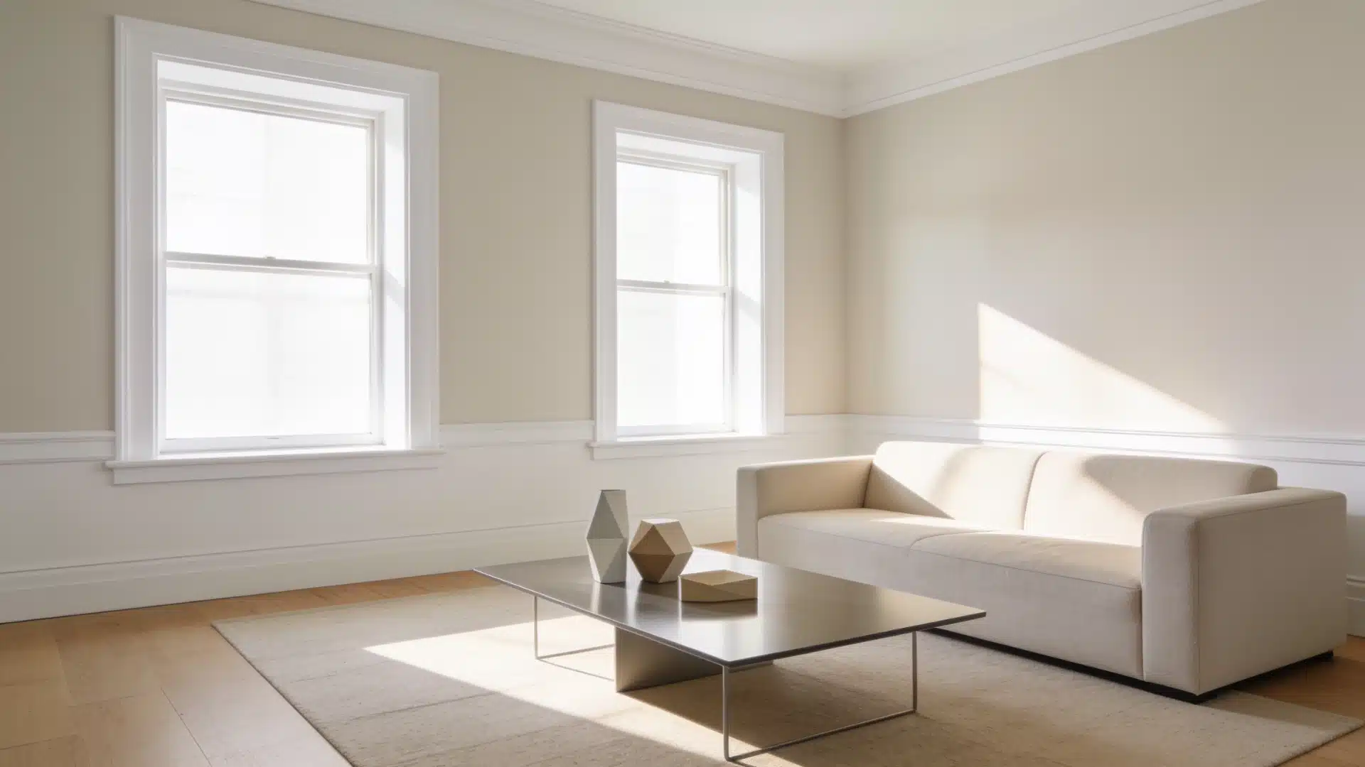 A stylish living room showcasing a couch, a coffee table, and two windows that provide ample daylight.