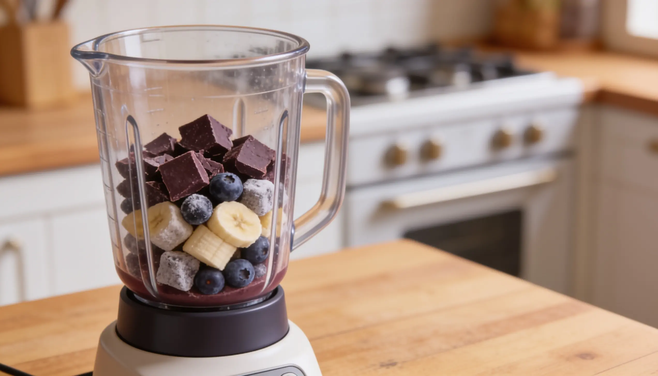 Blender pitcher filled with chopped chocolate, blueberries, frozen banana slices, and ice cubes, ready for a smoothie.