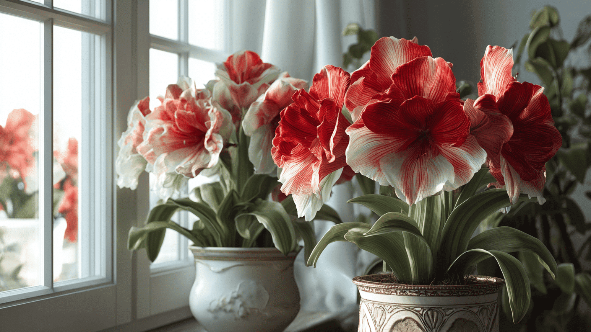 blooming amaryllis flowers in decorative pots near a bright sunny indoor window