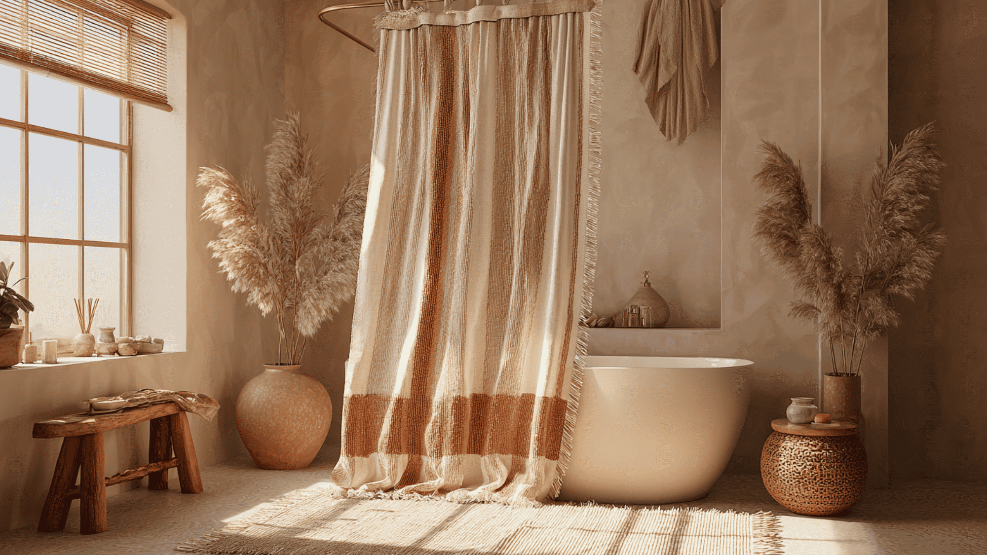 boho striped shower curtain with tassel fringe in a warm earthy bathroom with freestanding bathtub