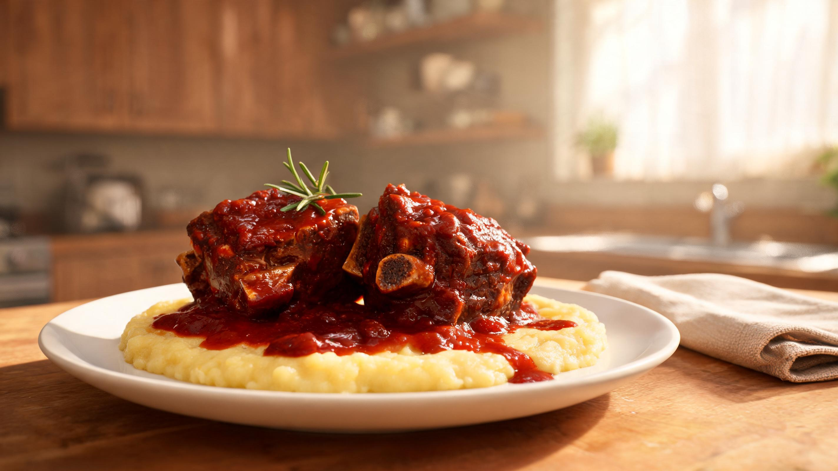 Tender braised short ribs in rich sauce served over creamy polenta on a plate.