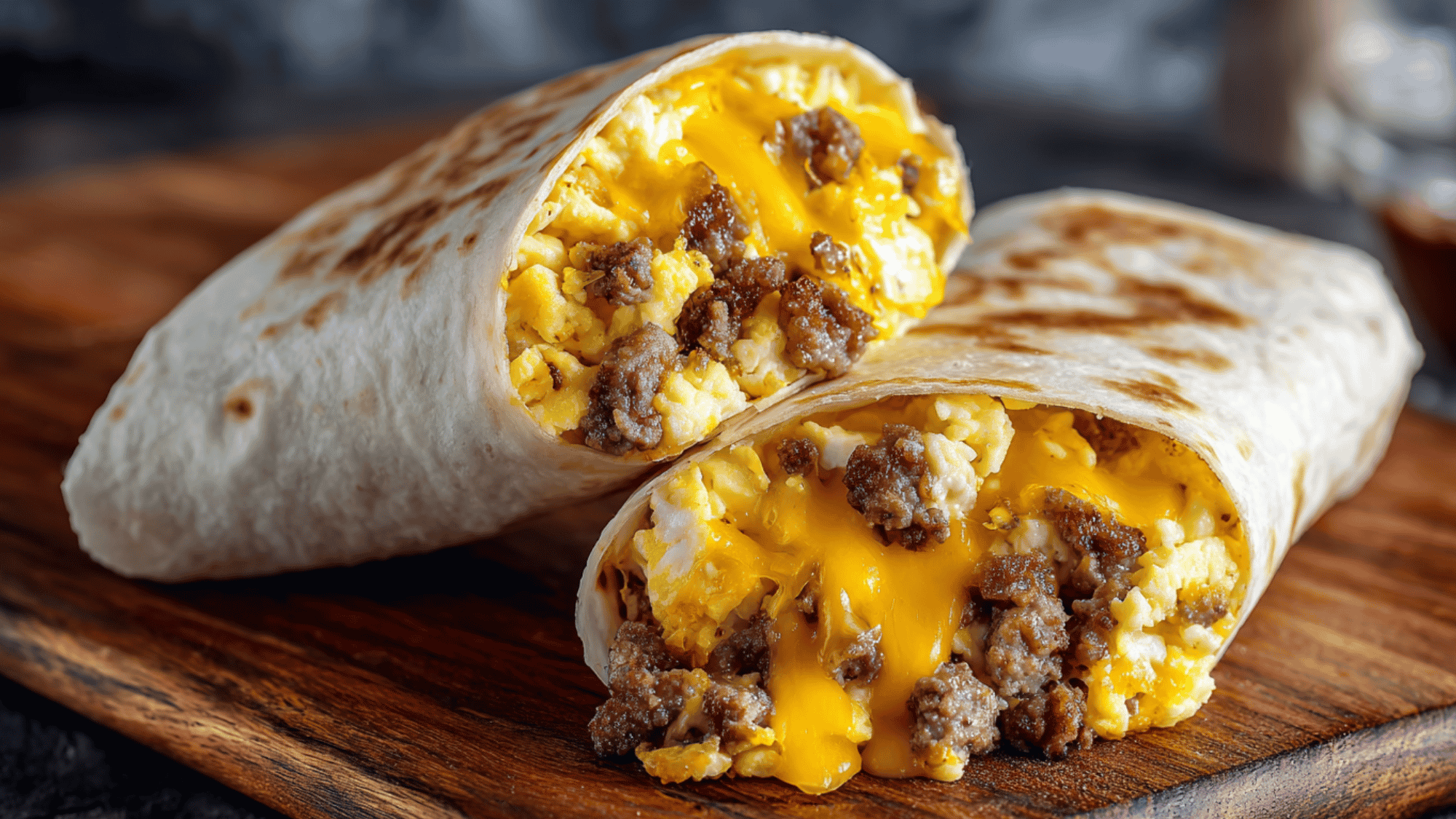 A warm, toasted breakfast burrito sliced in half to show the savory filling.