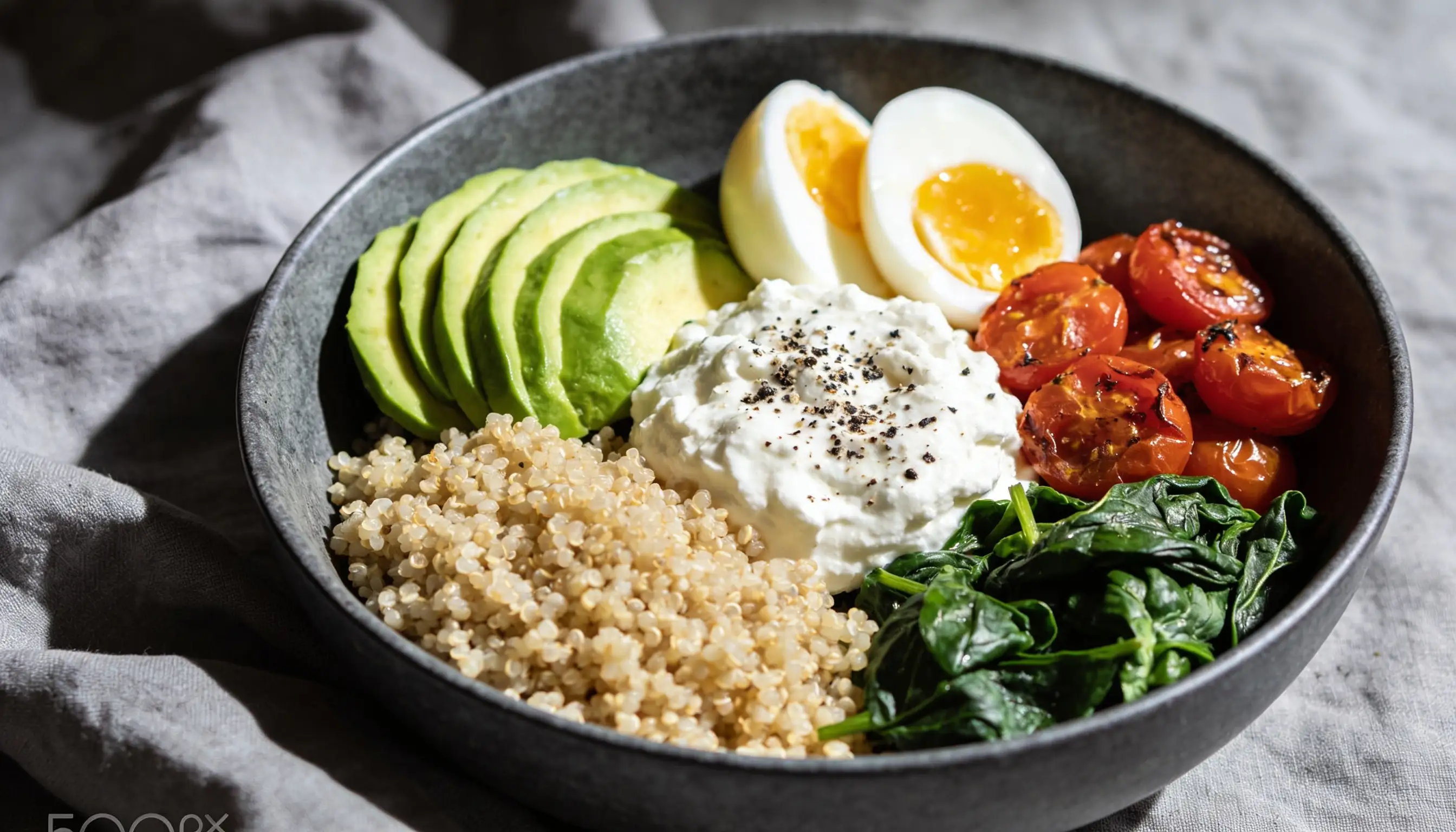 A dark bowl filled with quinoa, sliced avocado, cottage cheese, hard-boiled eggs, roasted cherry tomatoes, and spinach.