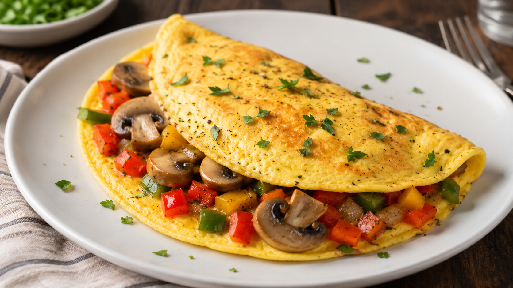 Golden mushroom and bell pepper omelet garnished with fresh herbs, served on a white plate in natural light.