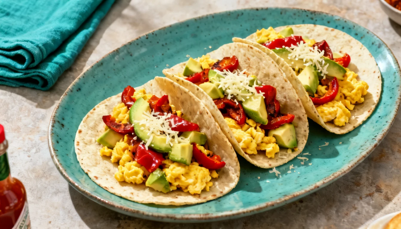 Three breakfast tacos filled with scrambled eggs, avocado, roasted red peppers, and cheese on a blue speckled plate.