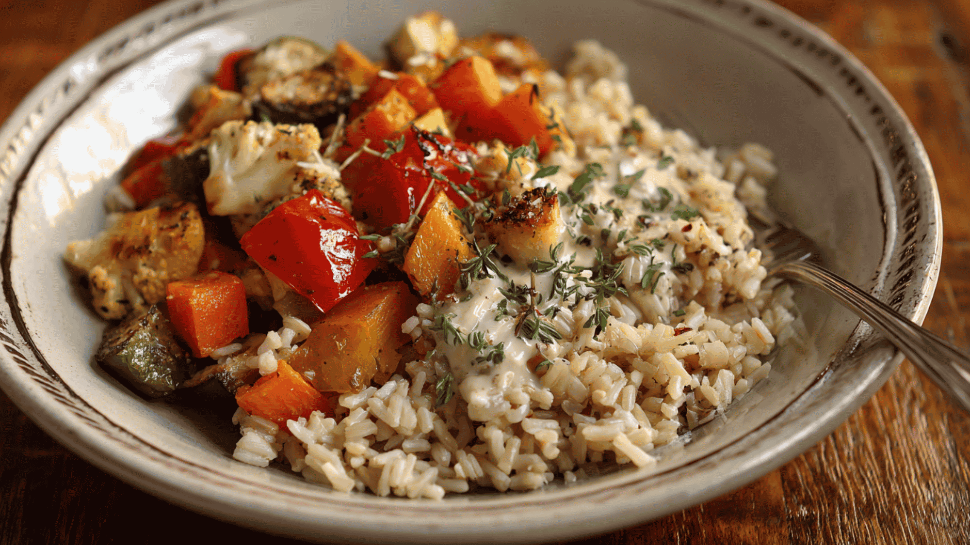 A colorful plant-based meal prep bowl featuring a fluffy bed of brown rice topped with roasted broccoli florets, cubed sweet potatoes, and sliced red bell peppers, all finished with a drizzle of creamy tahini dressing.