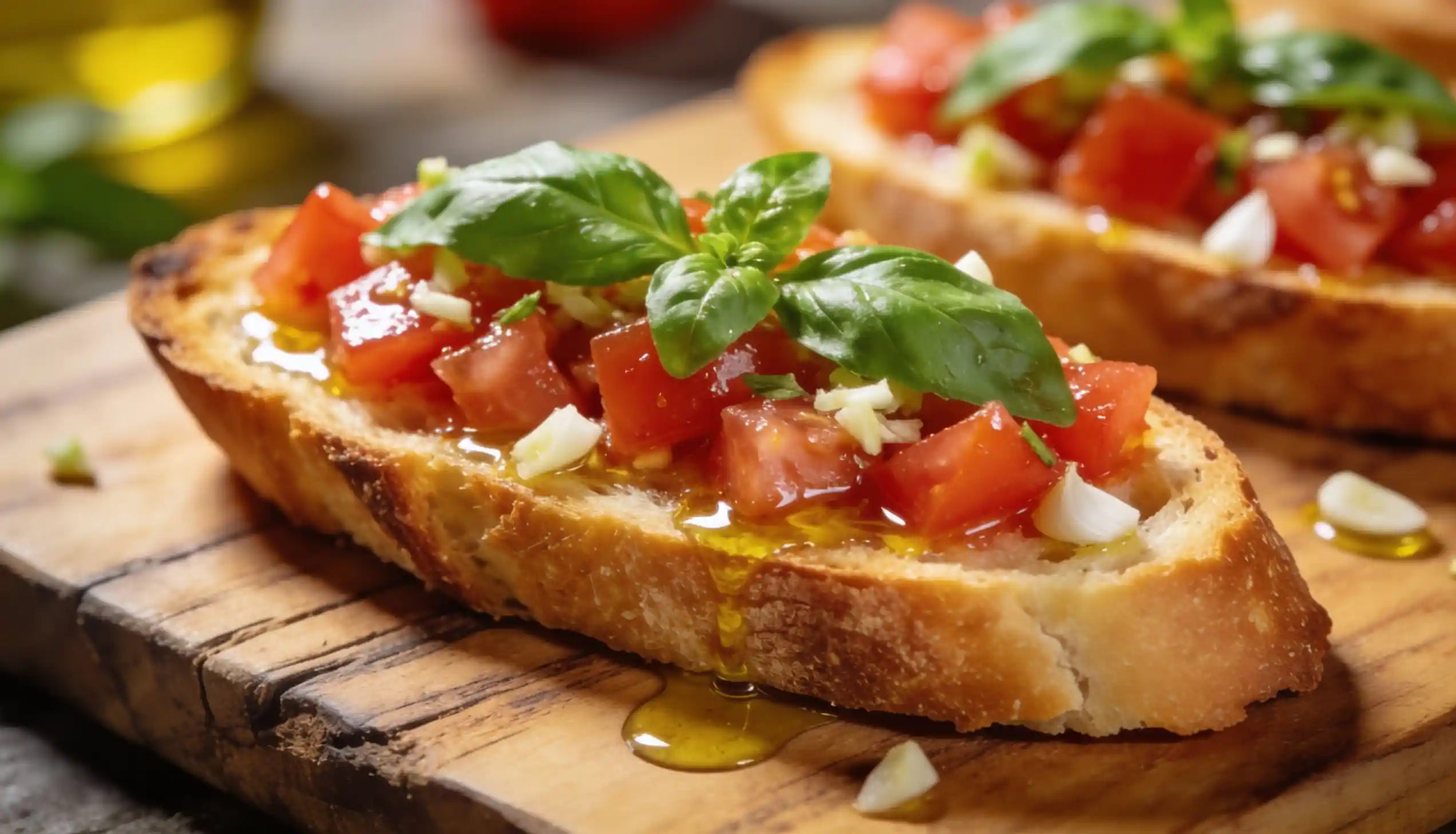 Toasted bread topped with diced tomatoes, garlic, basil, and olive oil on a wooden board.