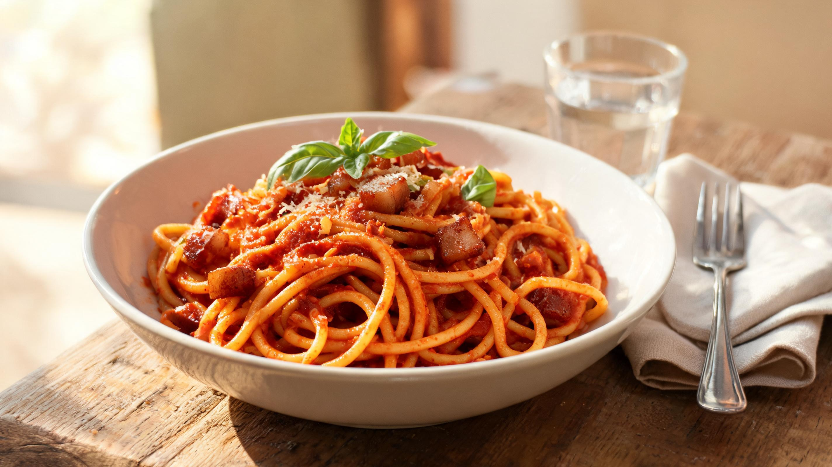 Plate of bucatini all’Amatriciana with tomato sauce, guanciale, grated cheese, and basil.
