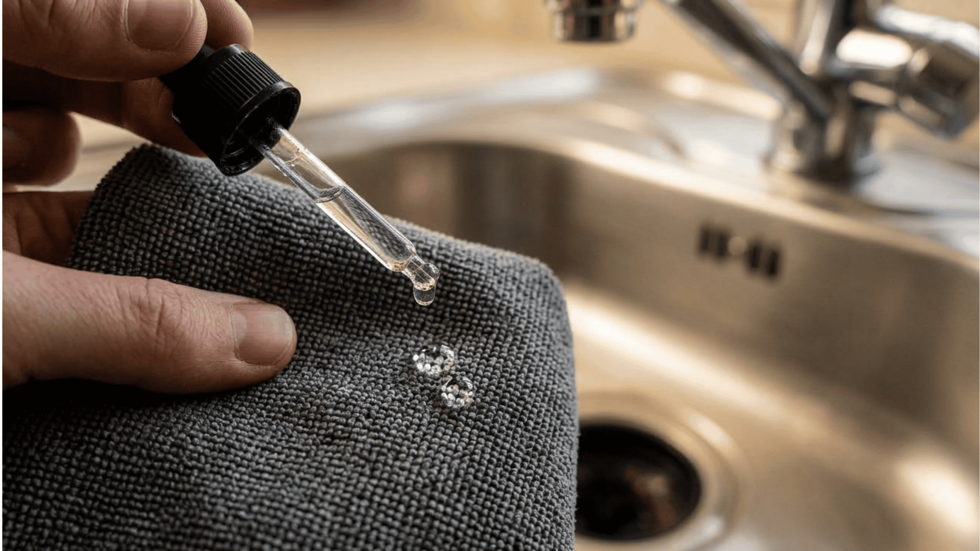 A soft cloth buffing a few drops of mineral oil onto a dry, sparkling clean stainless steel kitchen sink to restore its shine.
