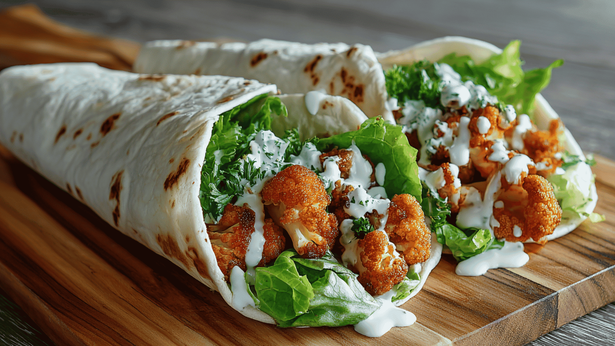 A close-up shot of crispy, golden-brown roasted buffalo cauliflower florets wrapped tightly in a whole wheat tortilla with shredded green lettuce and diced celery.