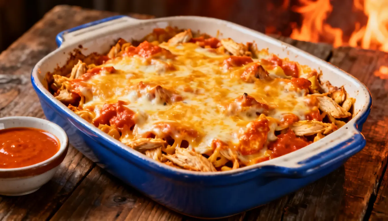A blue dish holds chicken parmesan casserole, set on a rustic wooden table, ready to be served.