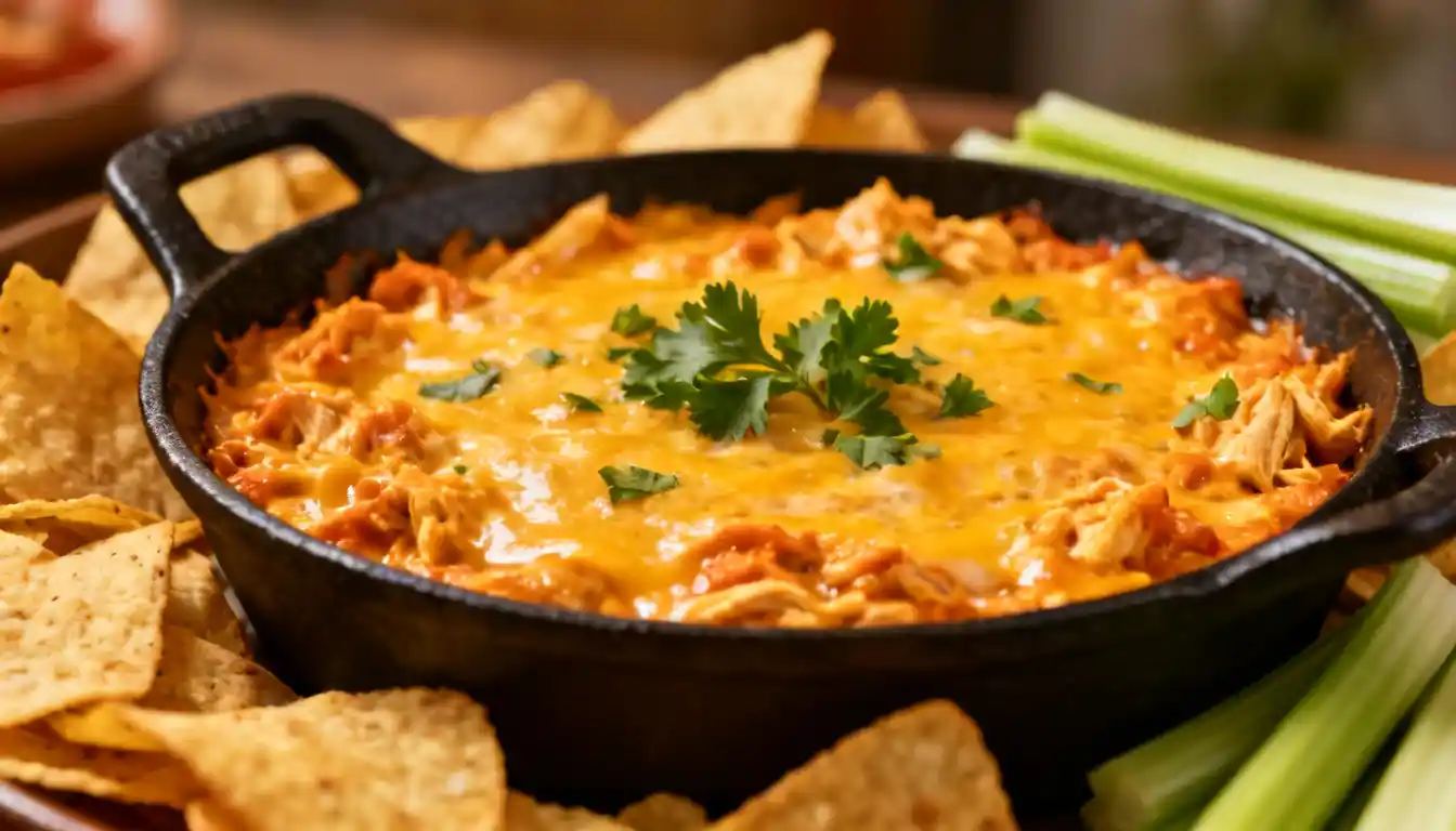 Hot and bubbly buffalo chicken dip in a cast iron skillet served with tortilla chips and celery sticks.