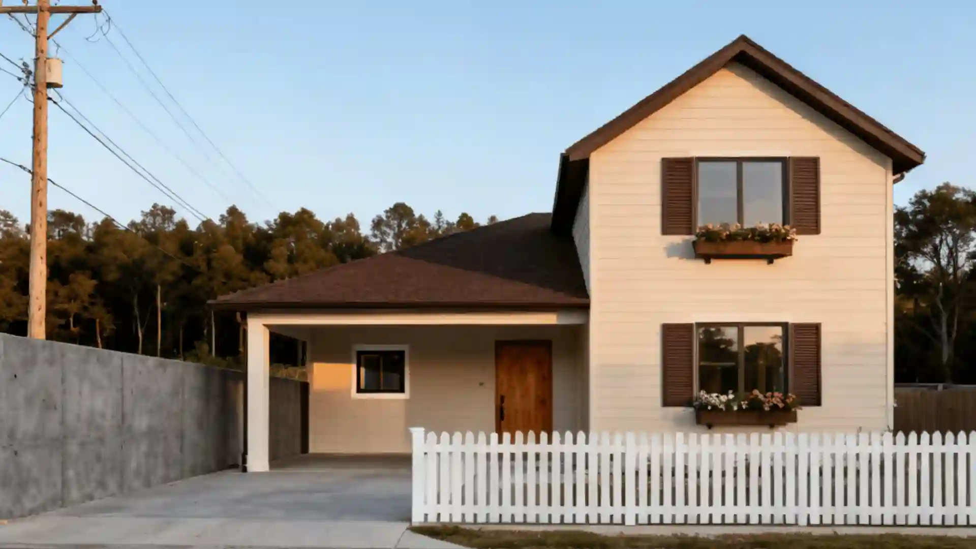 A beige, two-story house with brown shutters and window boxes sits behind a white picket fence.