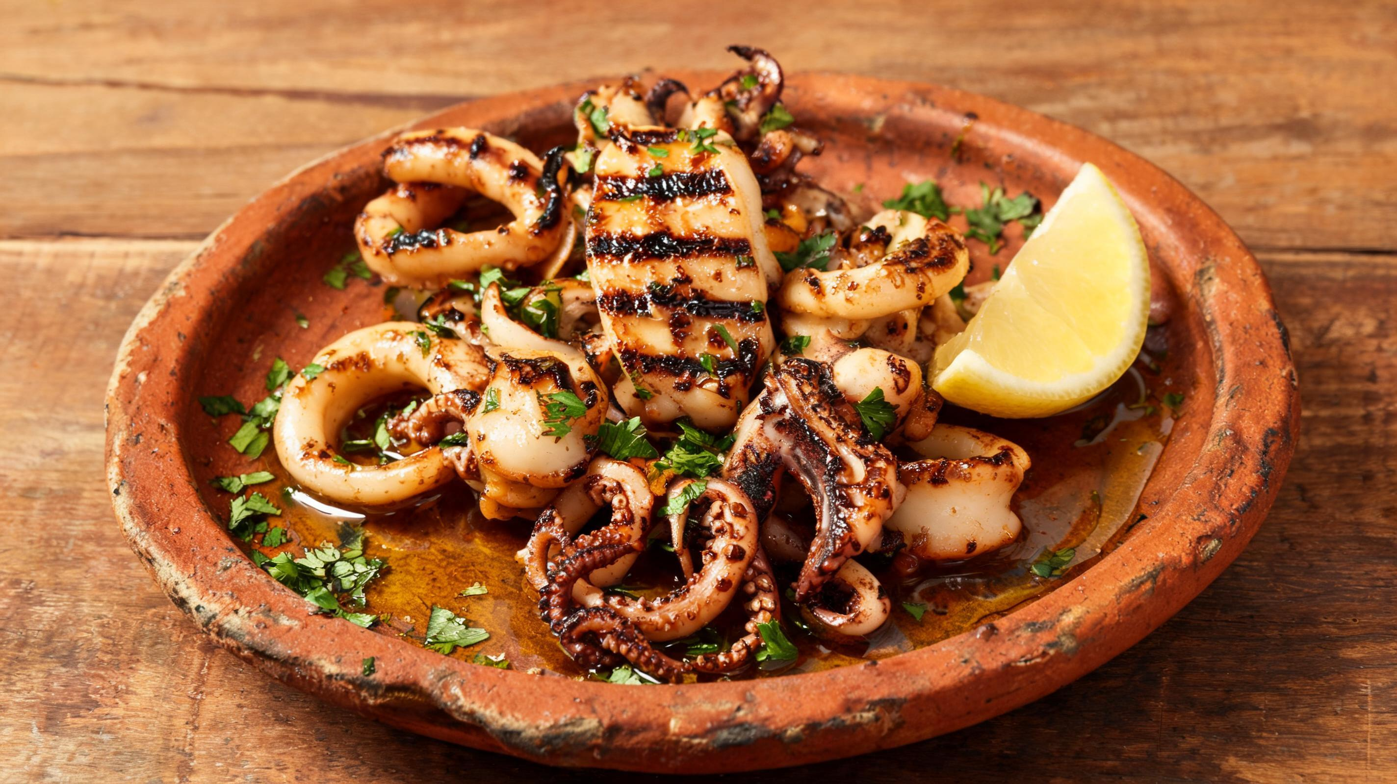 Golden-brown grilled calamari rings and tentacles served with lemon and herbs.