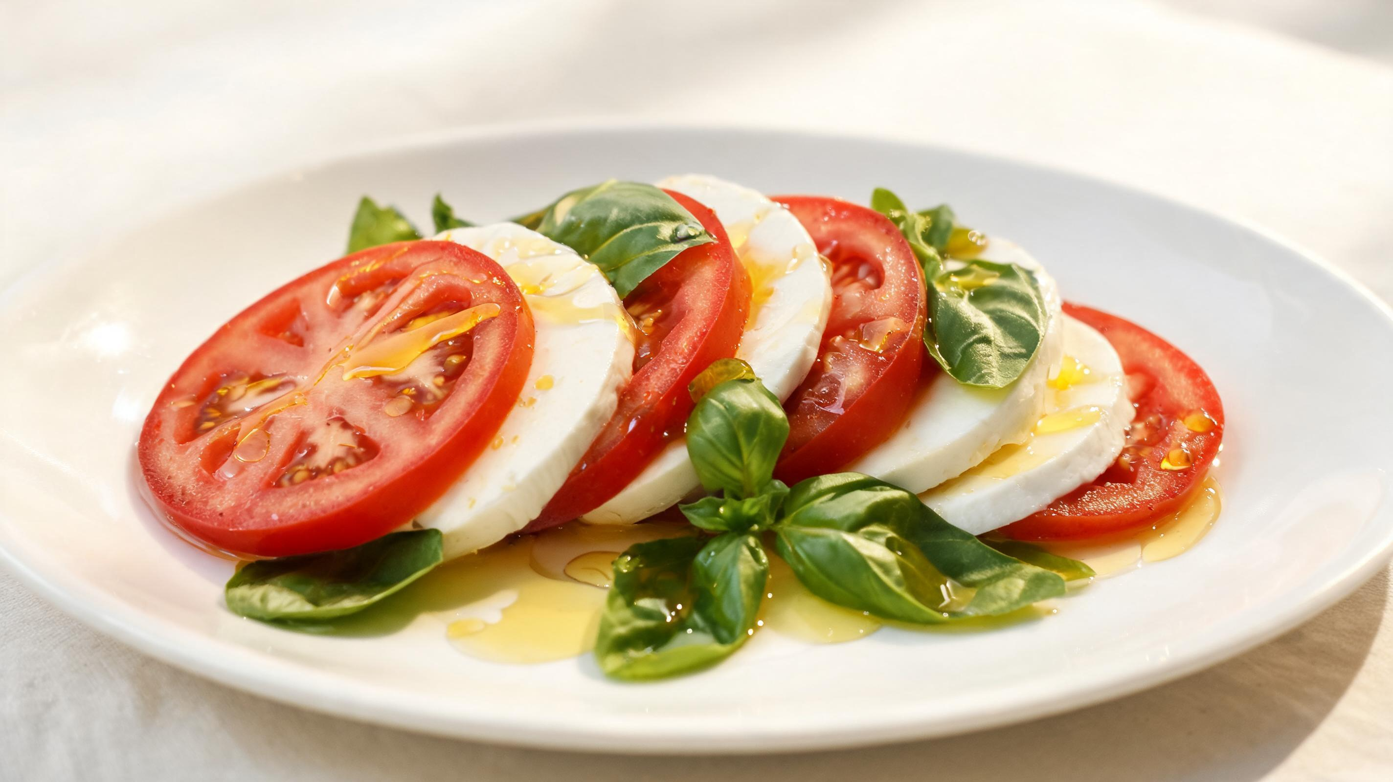 Fresh slices of tomato and mozzarella layered with basil and drizzled with oil.