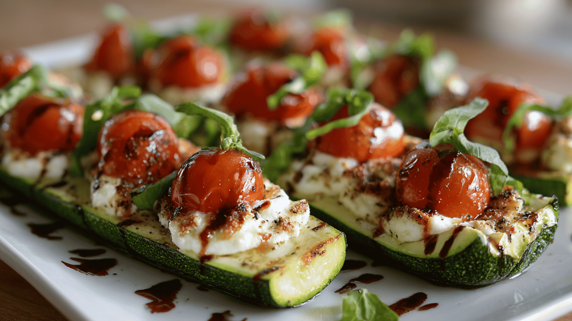 Three large zucchini halves scooped and filled with melted fresh mozzarella cheese and juicy halved cherry tomatoes, baked until tender and drizzled with a rich balsamic glaze and fresh basil leaves.