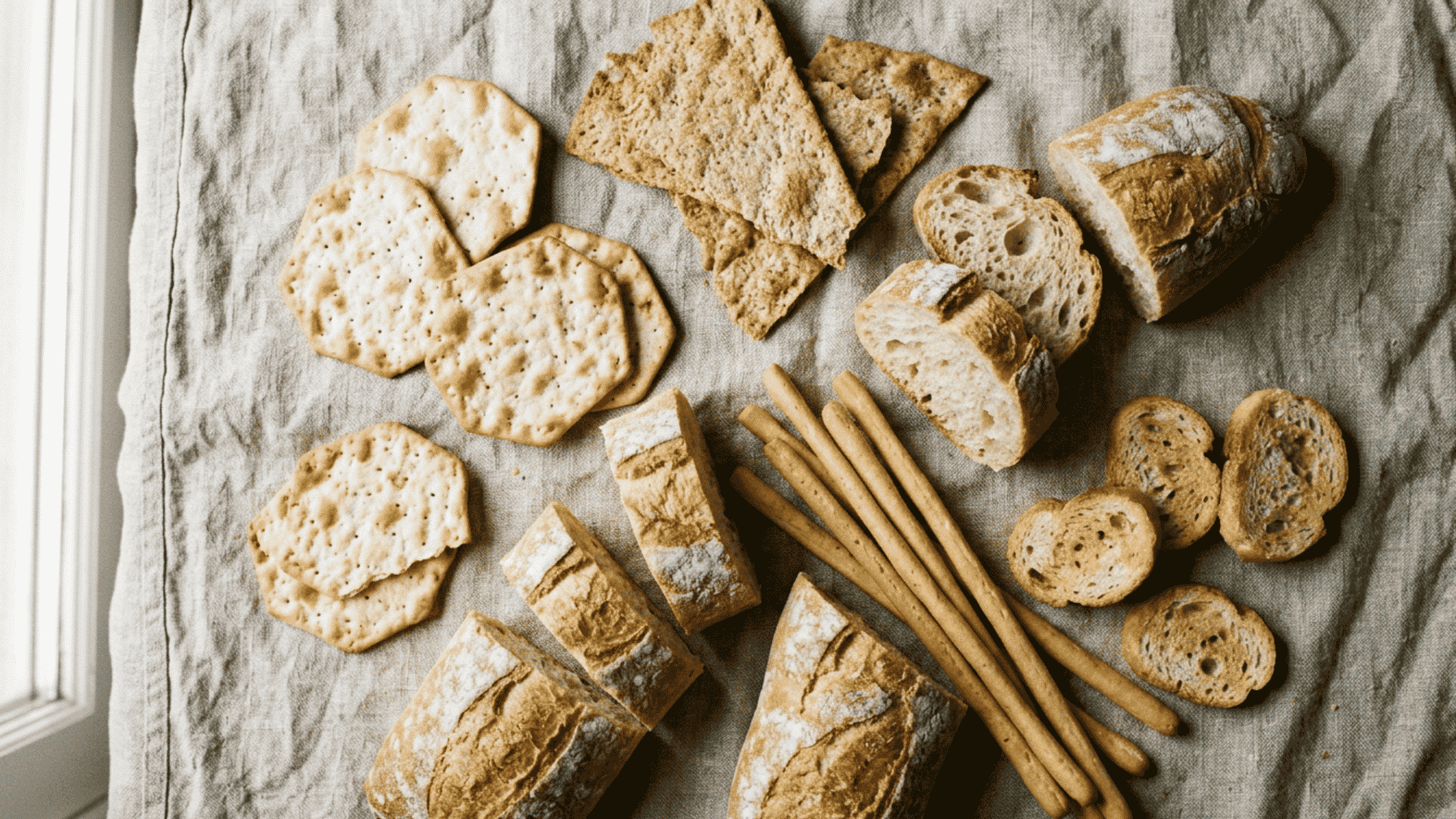 Crackers flatbreads baguette slices and crostini on board