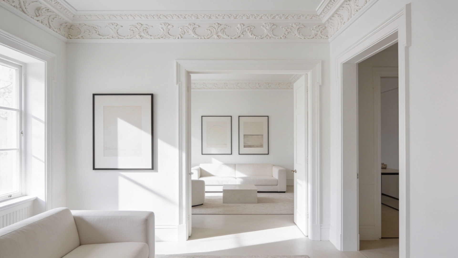 Sunlight streams into a minimalist white living room with two doorways revealing a second seating area.