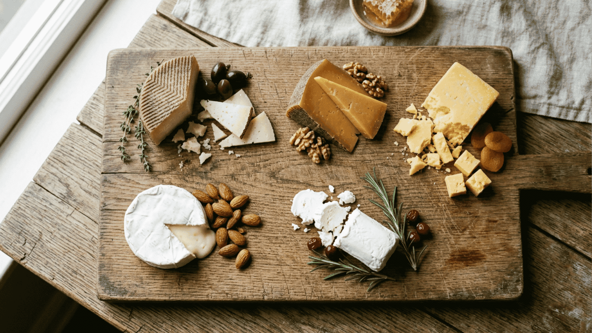 Brie goat cheese cheddar gouda manchego on board