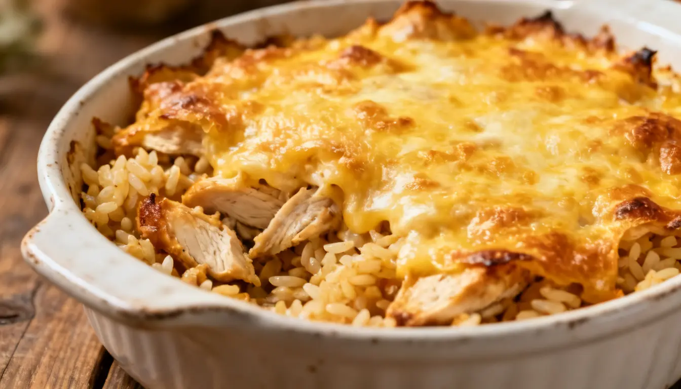 Close-up of a baked chicken and rice casserole with melted golden cheese topping in a white ceramic dish.