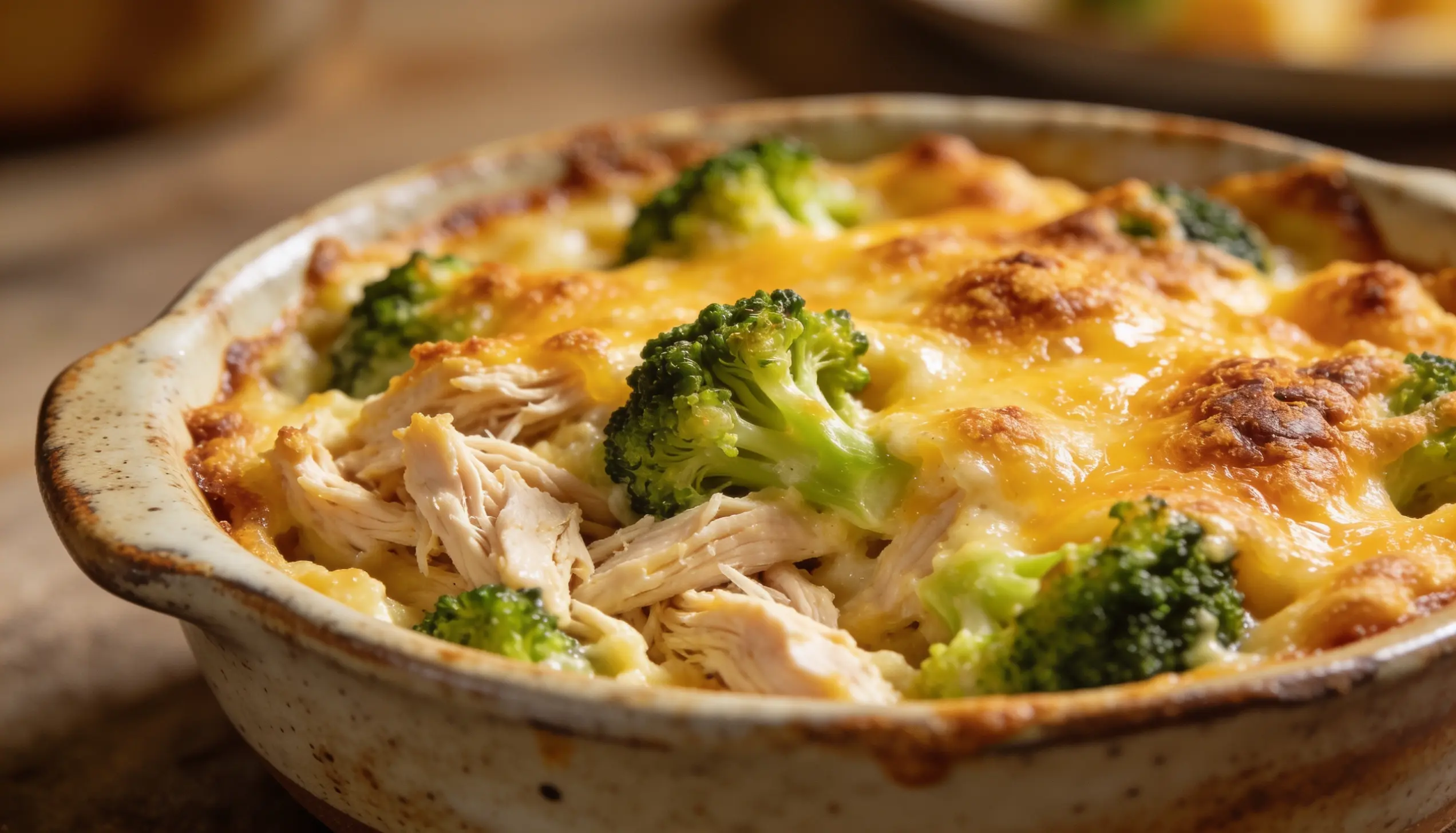 Close-up of a casserole dish filled with shredded chicken, broccoli florets, and melted golden cheese.