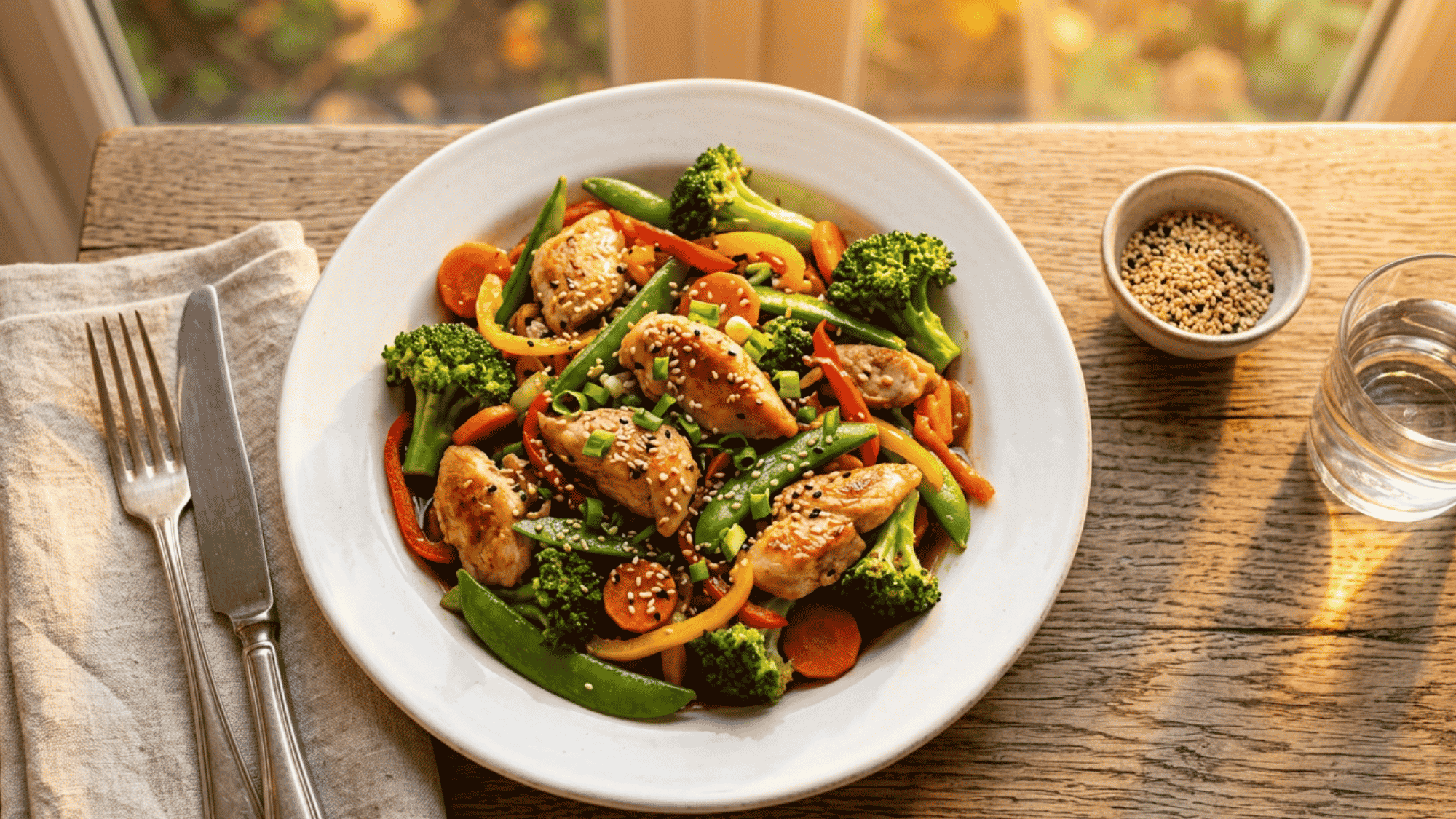 Chicken and broccoli stir-fry in a pan.