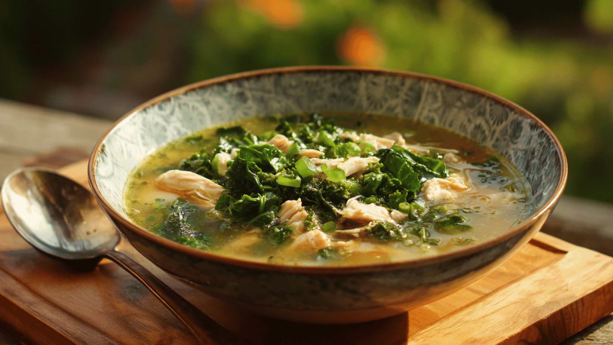 A comforting bowl of warming chicken and kale soup filled with shredded chicken breast, tender sliced carrots, white beans, and vibrant chopped kale leaves in a clear, flavorful chicken broth.
