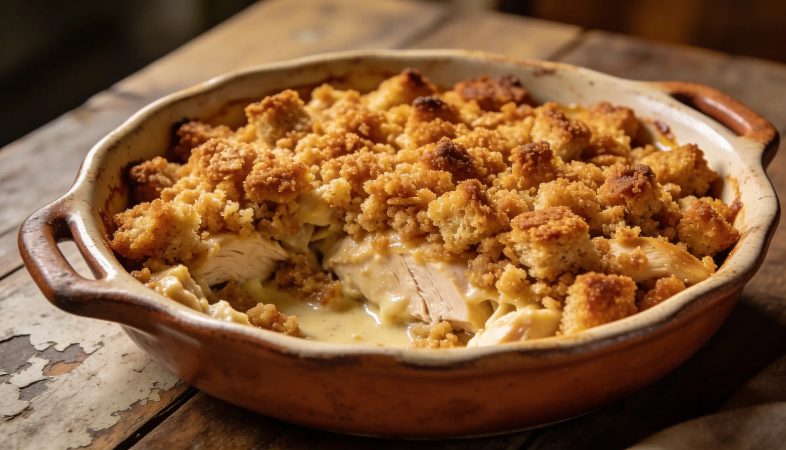 Chicken casserole with a golden breadcrumb topping in an earthenware dish.