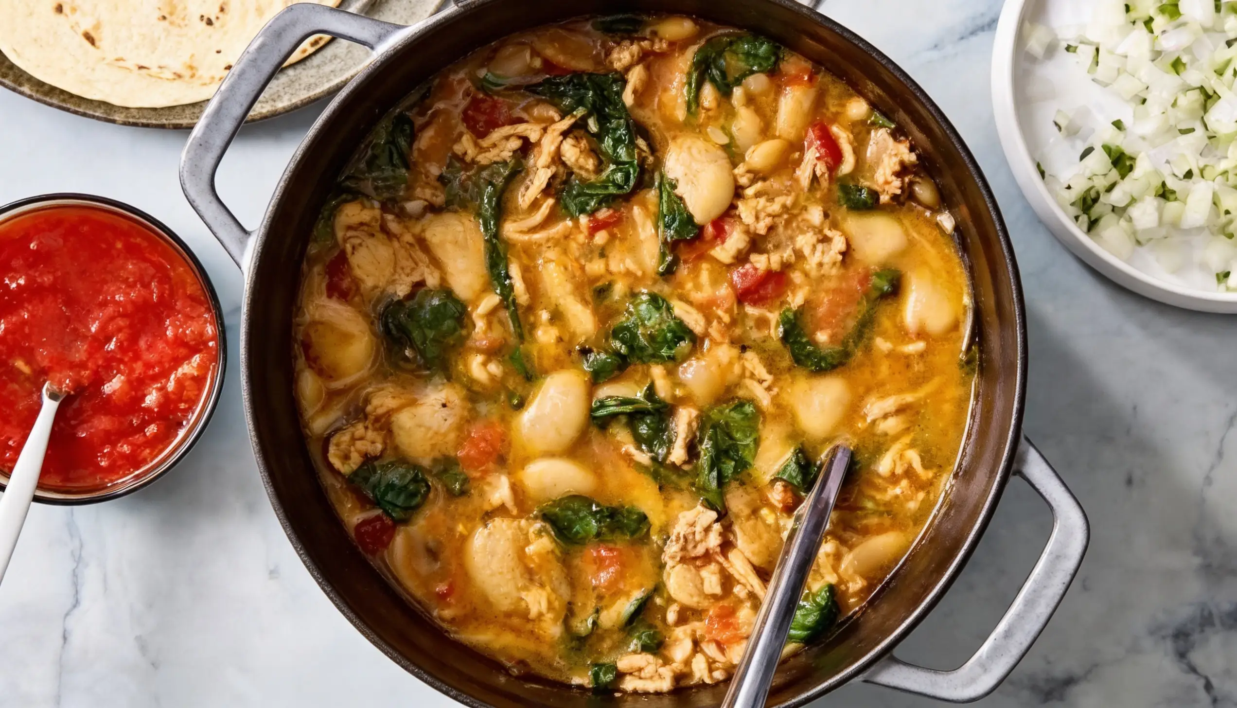 A pot of white bean chicken chili with spinach and tomatoes, served with salsa and tortillas.