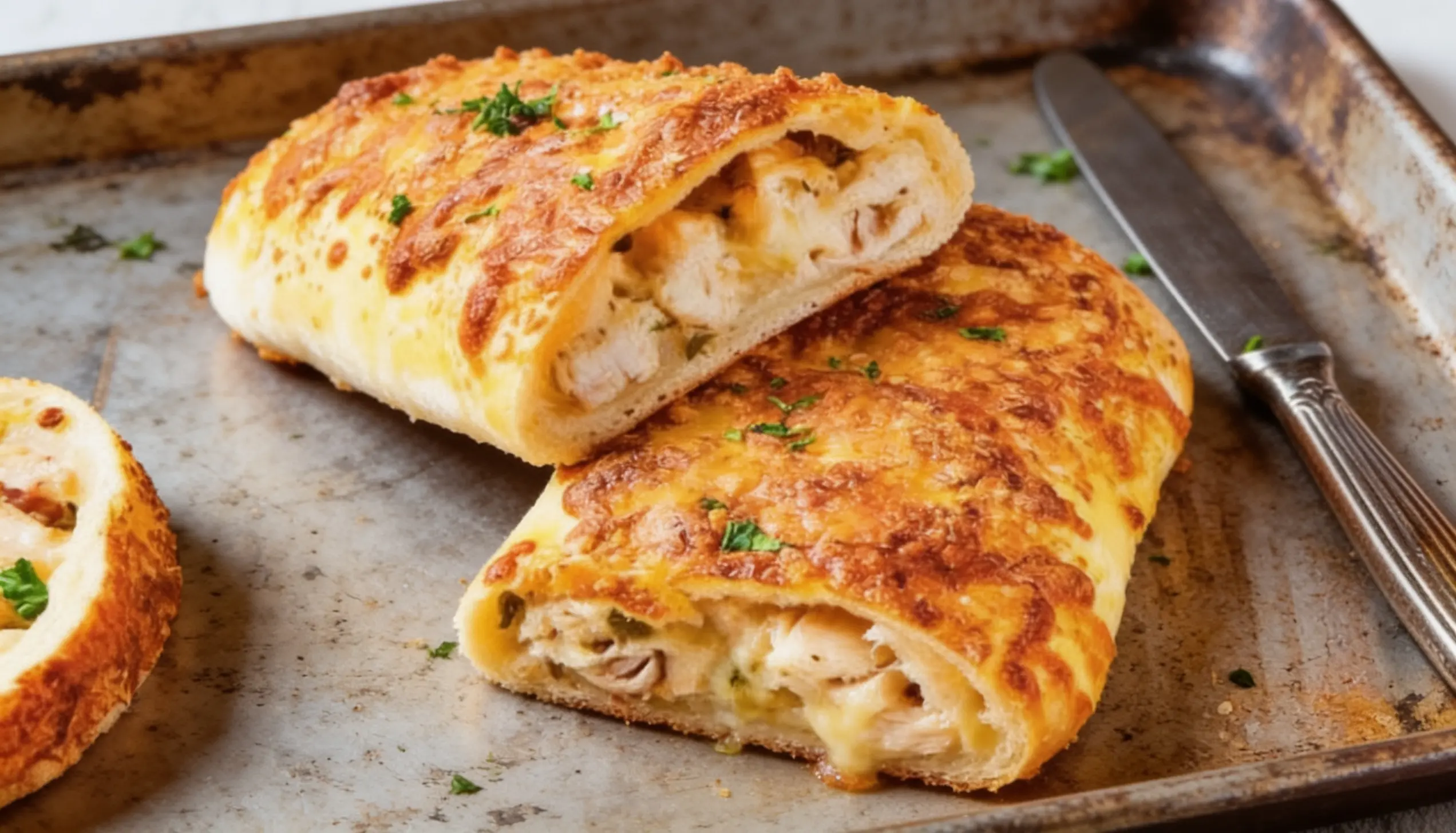 Chicken and cheese roll-ups arranged neatly on a baking sheet, ready for baking.