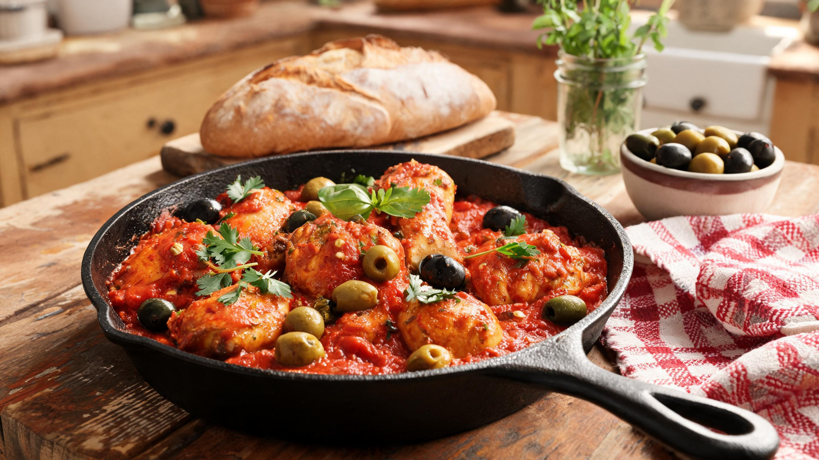 Cast-iron skillet with chicken cacciatore in tomato sauce, olives, herbs, and fresh bread.