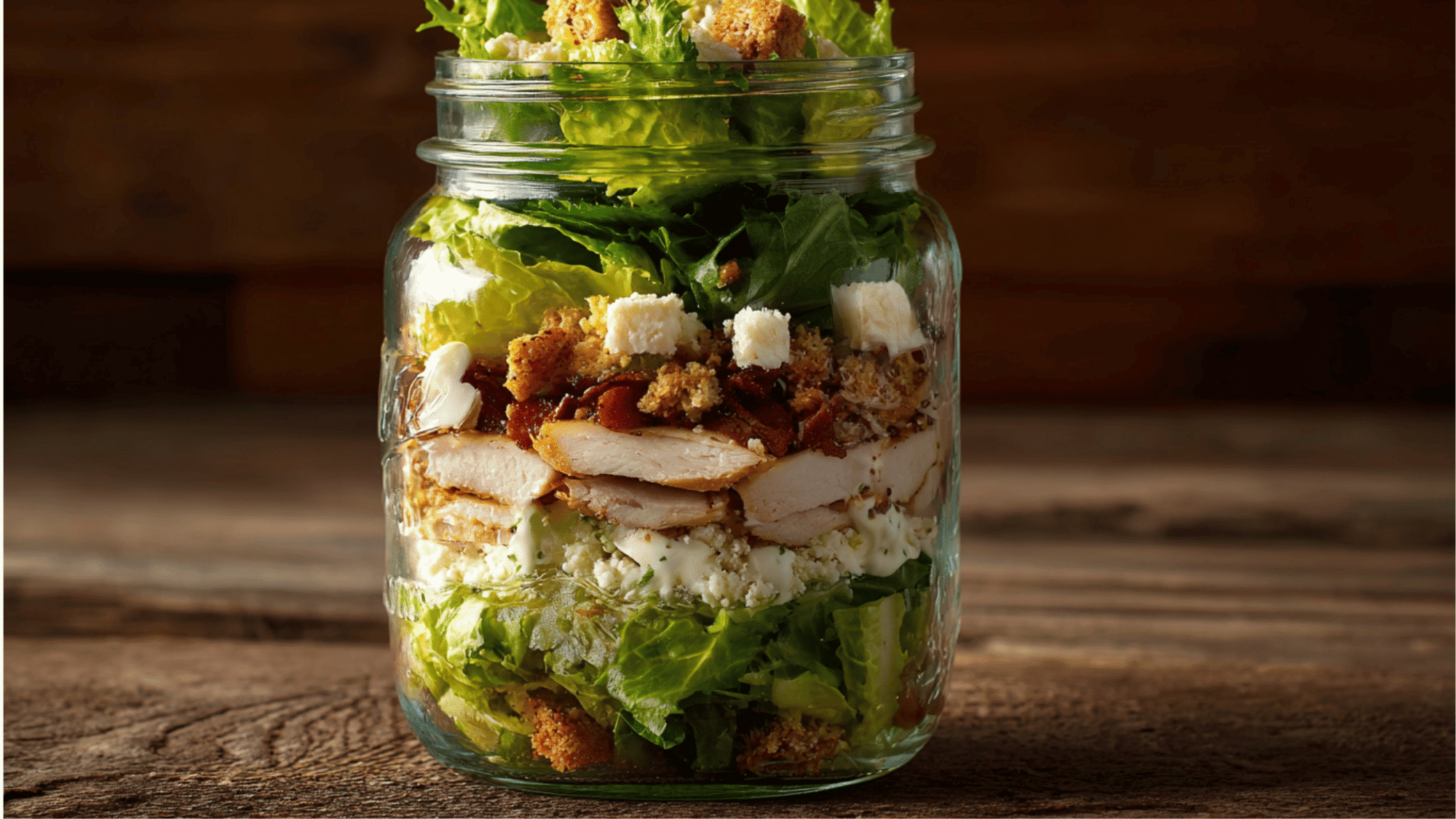 A layered salad built inside a clear glass mason jar, starting with a base of creamy Caesar dressing, followed by a layer of crunchy croutons, a generous layer of chopped romaine lettuce, and topped with sliced grilled chicken strips.