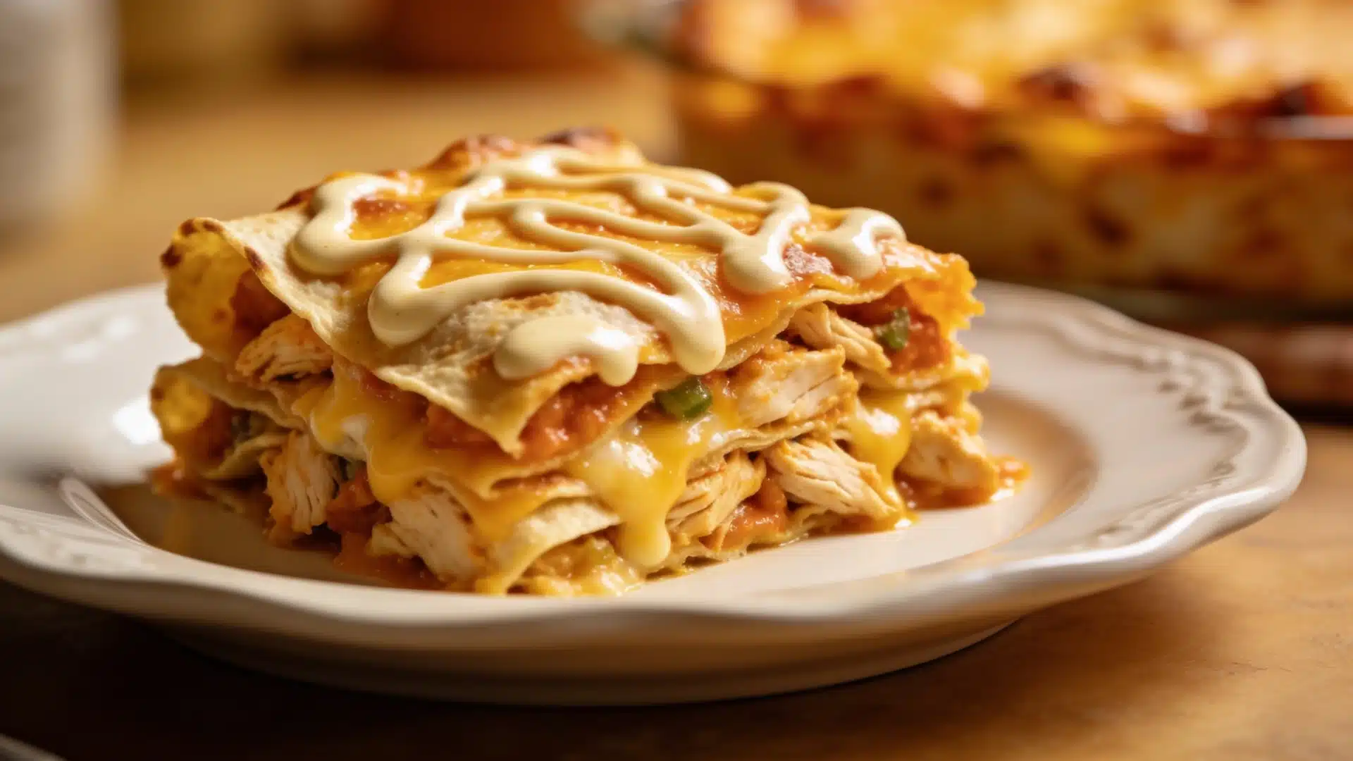 A hearty chicken enchilada casserole bubbling with melted cheese a crowd pleaser every time.