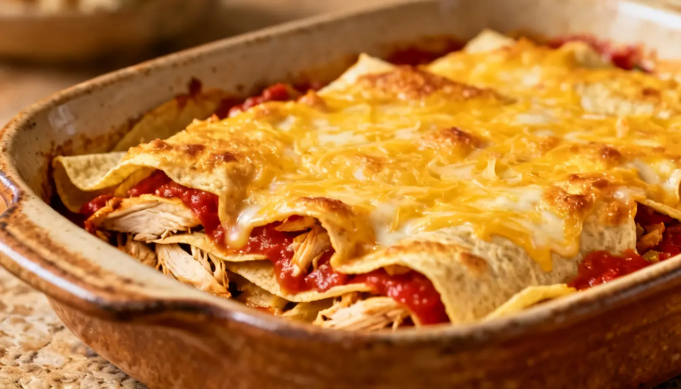 Chicken enchiladas with melted cheese and red sauce in a baking dish.