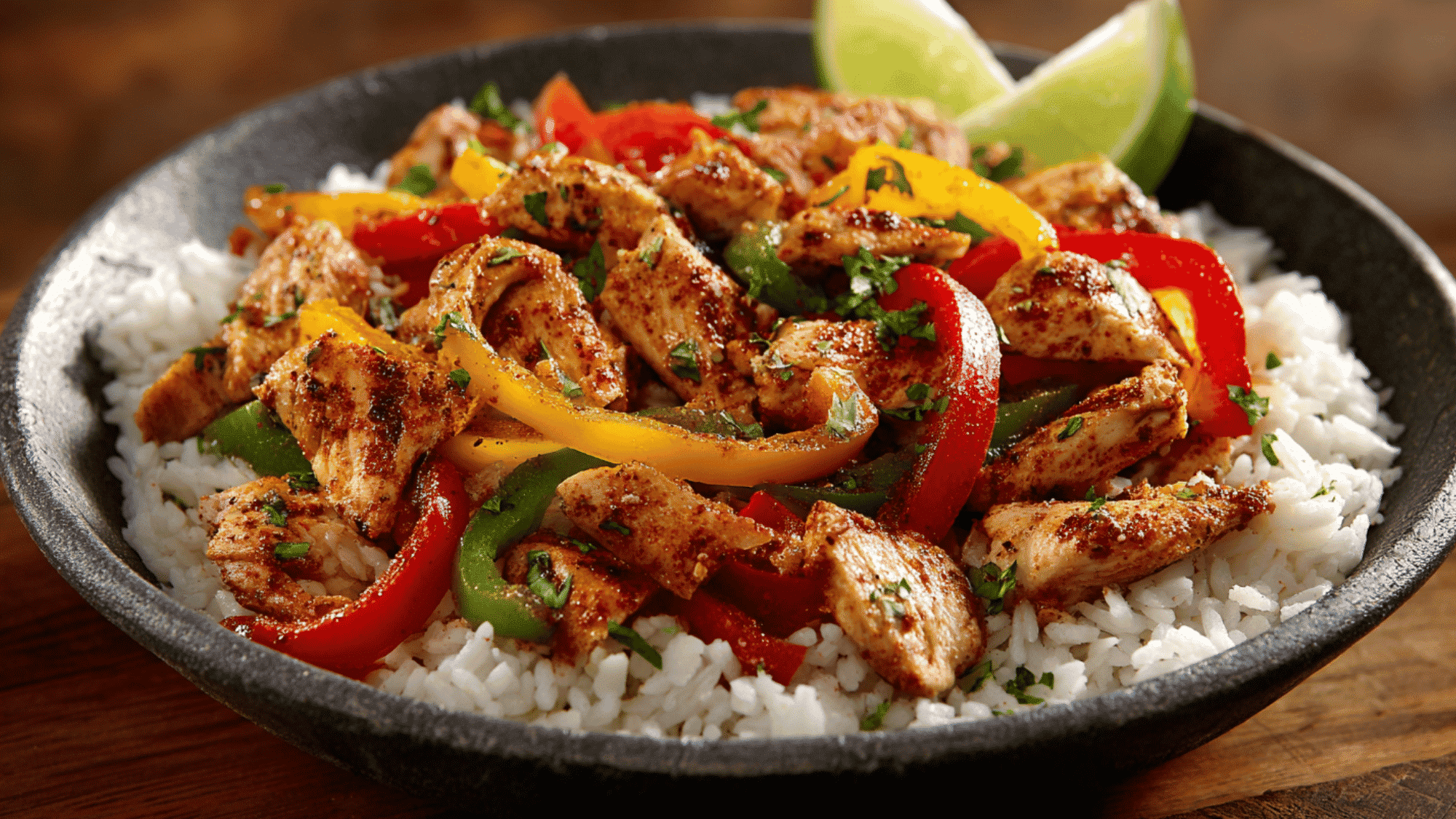 Juicy chicken breasts, sliced bell peppers, and onions seasoned with fajita spices cooking together inside a slow cooker.